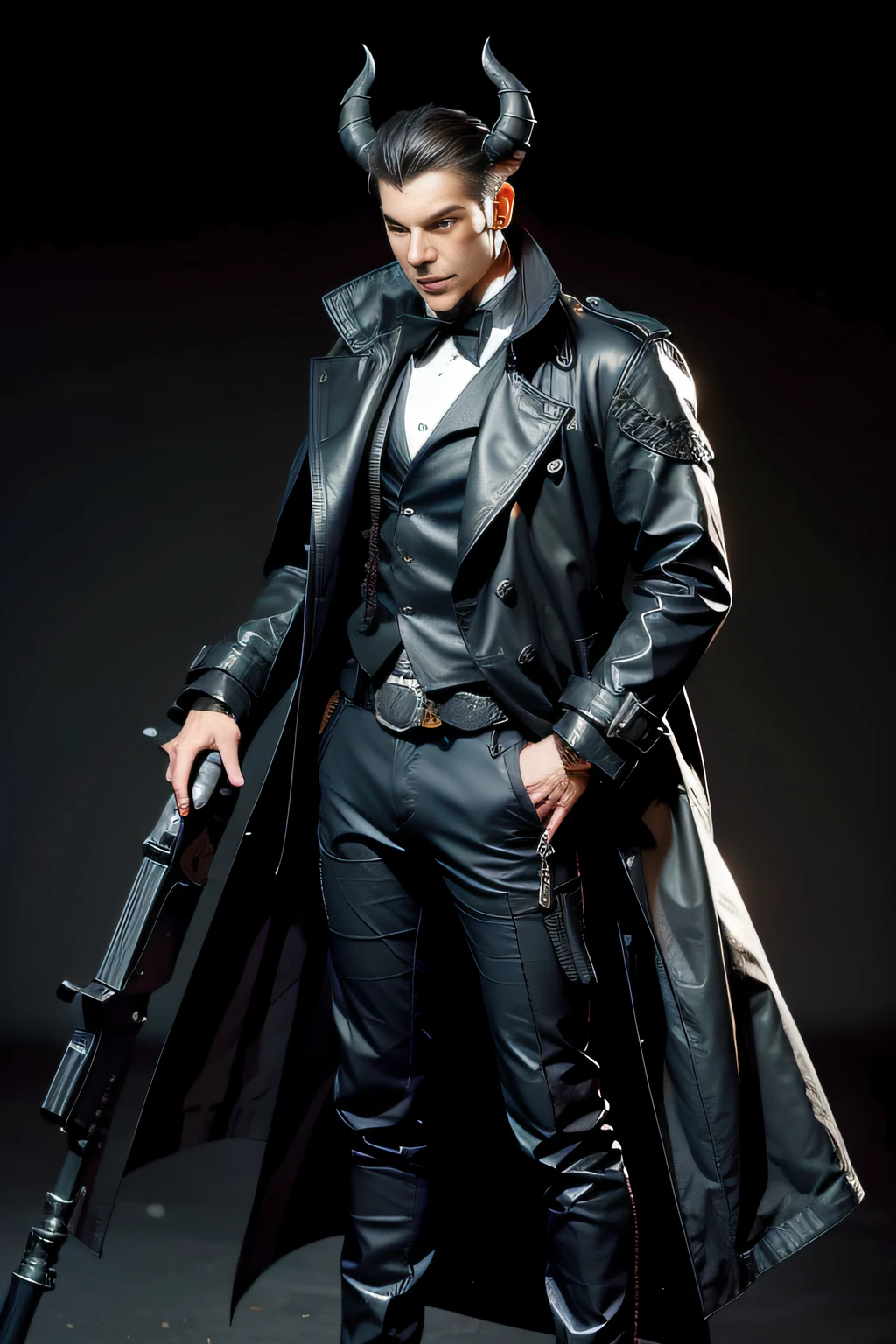 Demon hunter, Full body like, With a short gun，Diablo style, male people，Vintage trench coat，jaket，neck bowtie，Leather clothes，Trench coat with lapels， metal decoration，Pirate attire，mistic，cowboys，With a short gun， hyper HD, Masterpiece, Textured skin, Anatomically correct, Best quality