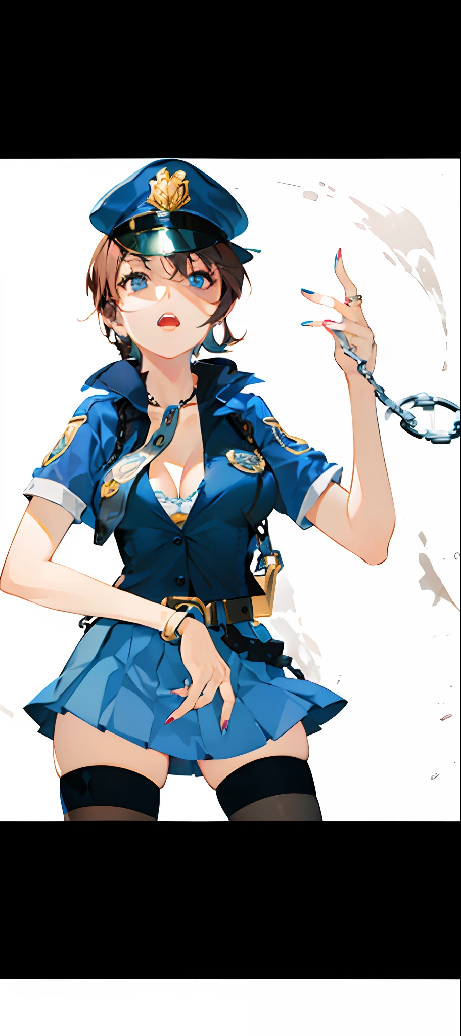 1girl, aqua nails, blue eyes, blue nails, breasts, brown hair, chain, cleavage, cuffs, fingernails, handcuffs, hat, letterboxed, lipstick, makeup, medium breasts, nail polish, pink nails, red nails, short hair, skirt, solo, thighhighs, uniform
