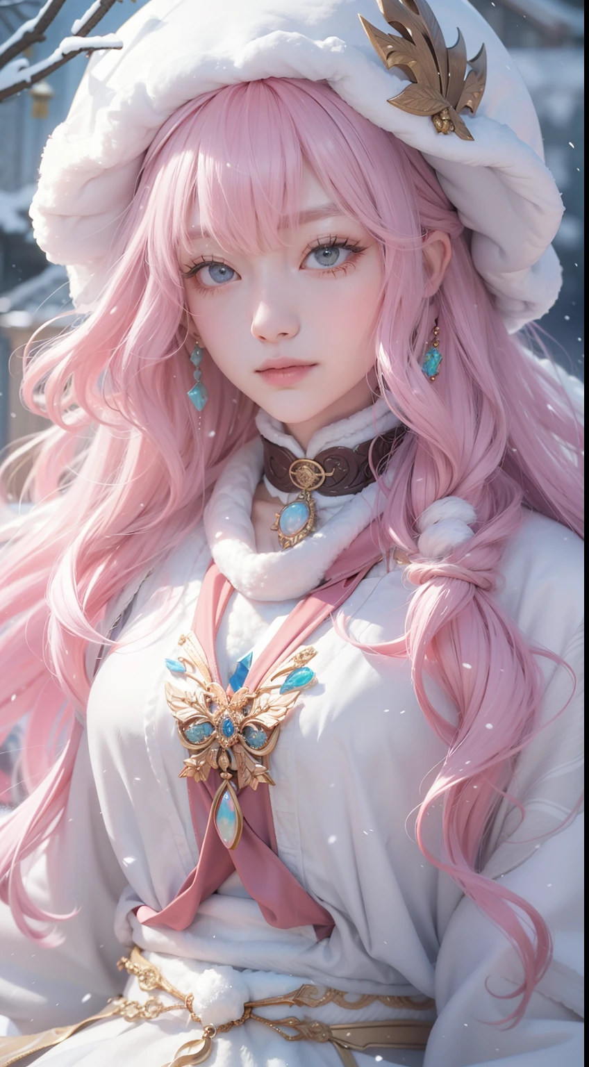 Works of masters，Best image quality，超高分辨率，8K分辨率，Sitting，solo person，femele，ssmile，long whitr hair，Pink hair，crossed bangs，Wave head，Bracelet，Collar，pendant，ta costume，snowflower，Winters，Temple，New Year，Opal rendering，Cinematic lighting，(Falling snow，cloaks)，