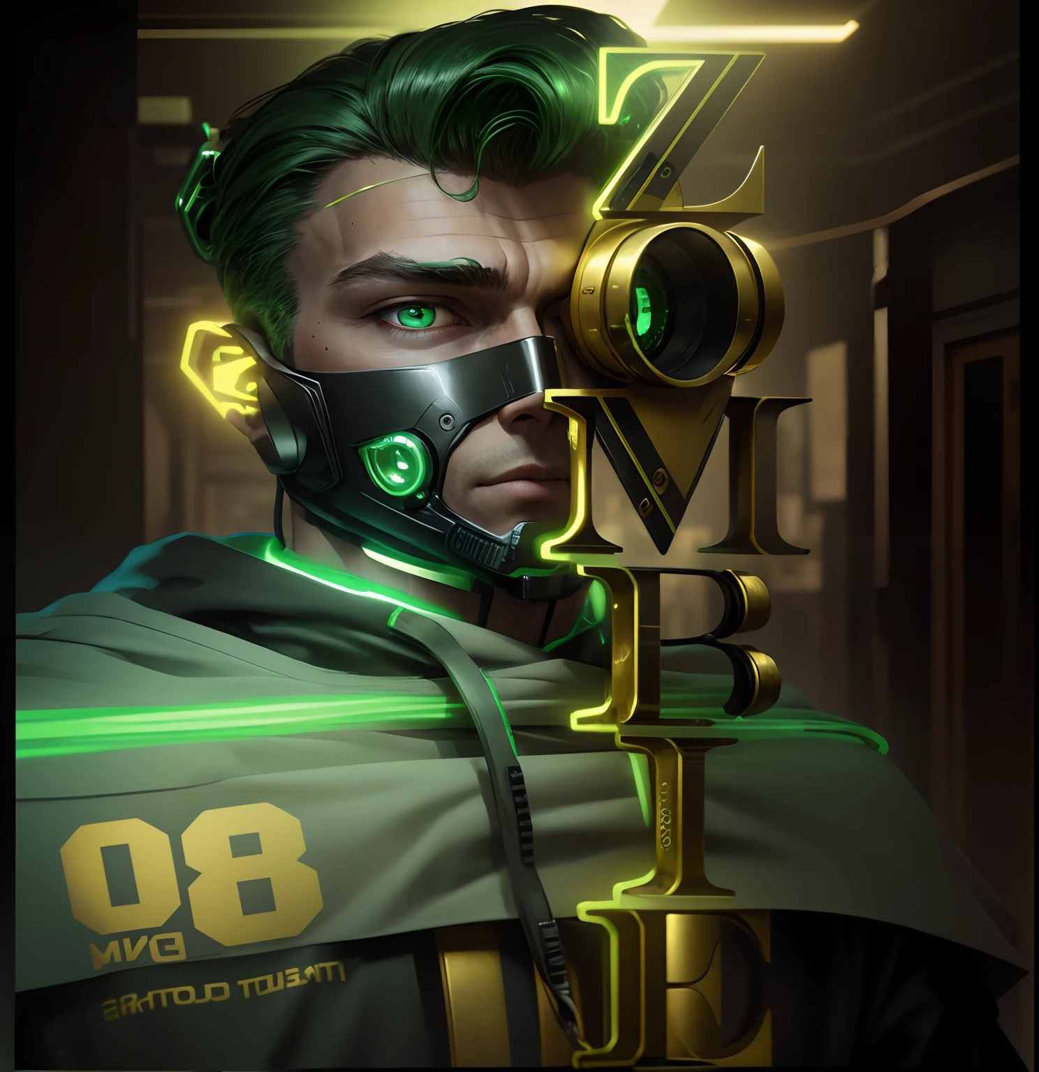 Portrait of cyborg man, green eyes ,monkey, model face, exposed wires, gold oil escaping from rusty wires,8k , ultra hd, handsome, handsome boy, connected a wires neck to ear , wear a face mask, mask,dslr ultra hd photo,dslr , ear colour green, blink a green lamp in ear , wires connect from neck to ear