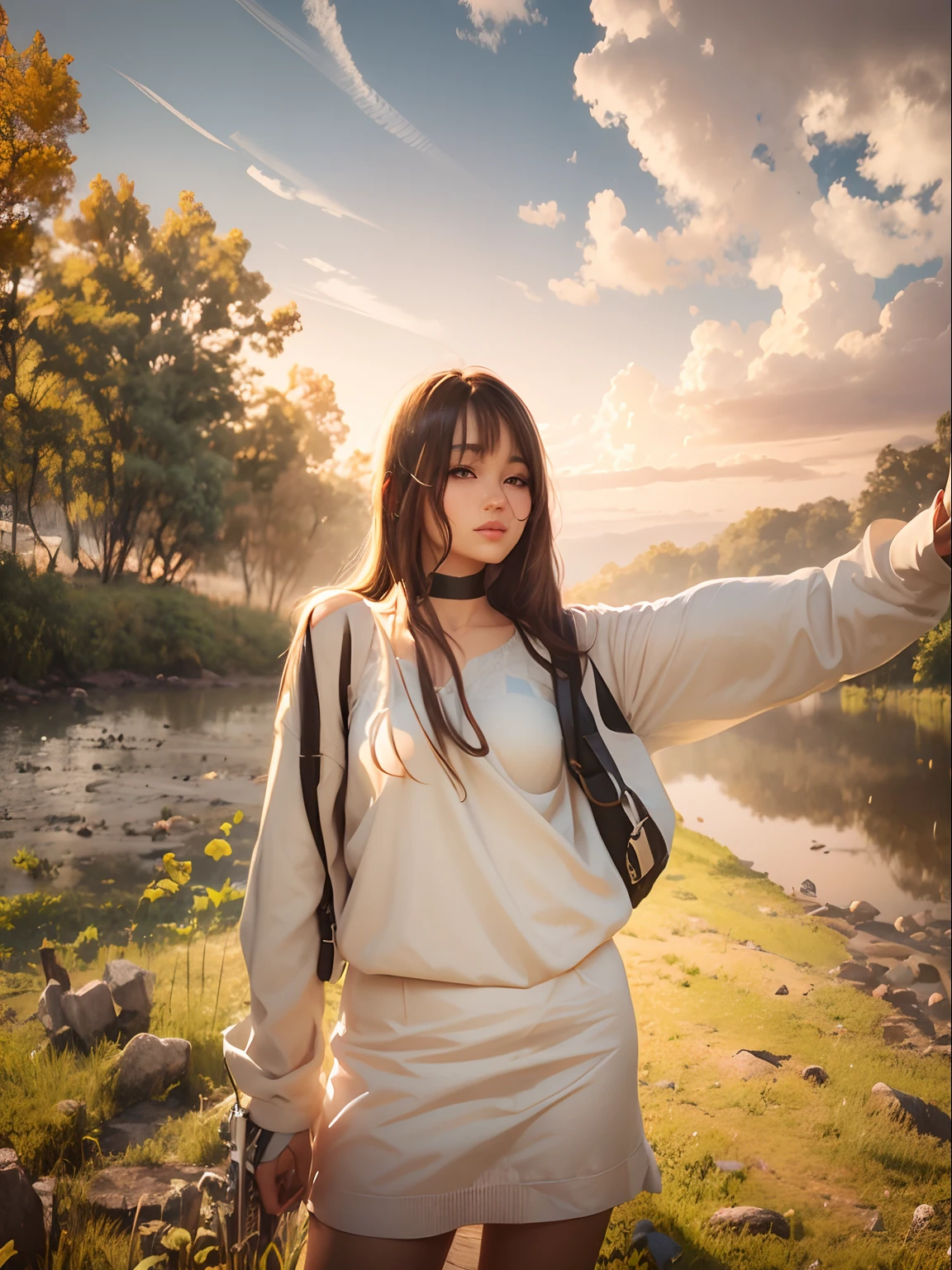 Realistic, 1girl, black hair, purple eyes, glowing eyes, cropped top, skirt, parted lips, blush, night, flowers, sun, sunlight,