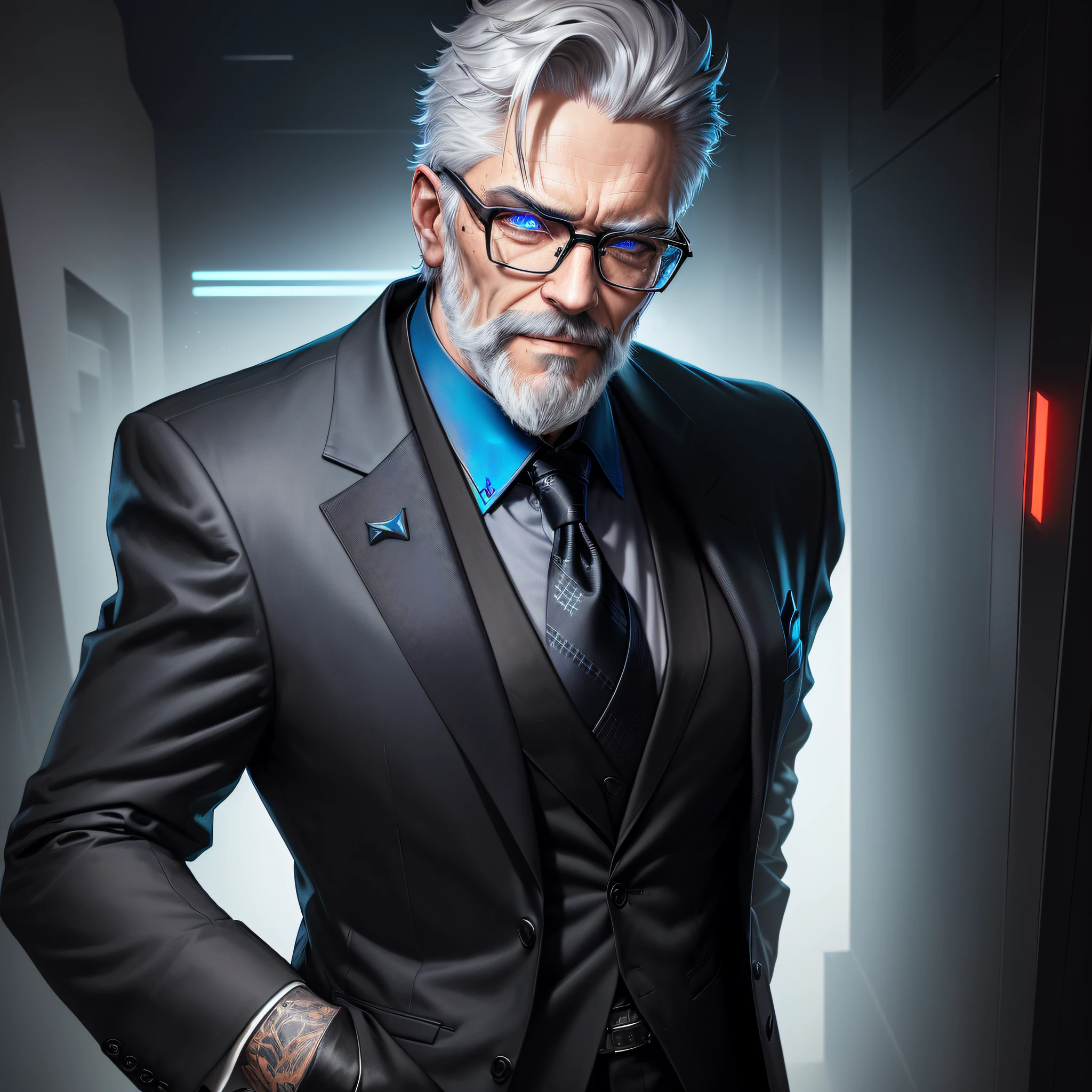 there is one man with greying short hair a beard and a tie in a dark suit no tie , wearing black thick rimmed glasses, bright blue eyes, epic and classy portrait, portrait of professor sinister, epic character portrait, cyberpunk old man, twitch streamer / gamer ludwig, unreal 5. rpg portrait, inspired by Max Magnus Norman, epic portrait illustration, portrait of a cyberpunk man, epic game portrait, detailed character portrait, cyberpunk portrait, dark black background