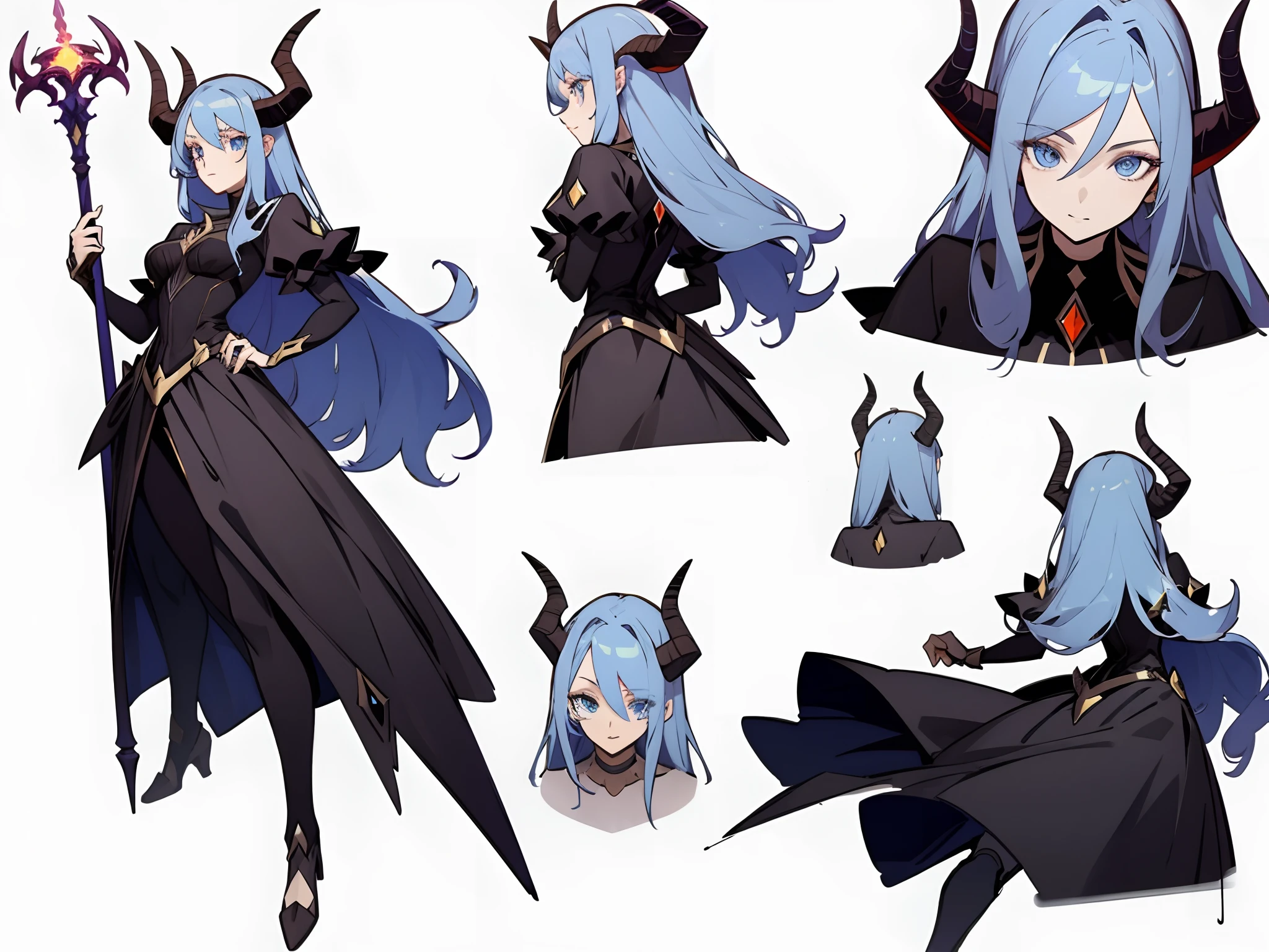 ((masterpiece)),(((best quality))),((character design sheet,same character,front,side,back)),illustration,1 girl,long blonde curly hair,hair on eyes,beautiful eyes,environment Scene change, pose too, female demon, horns, holding a magic scepter, charturnbetalora, (simple background, white background: 1.3)