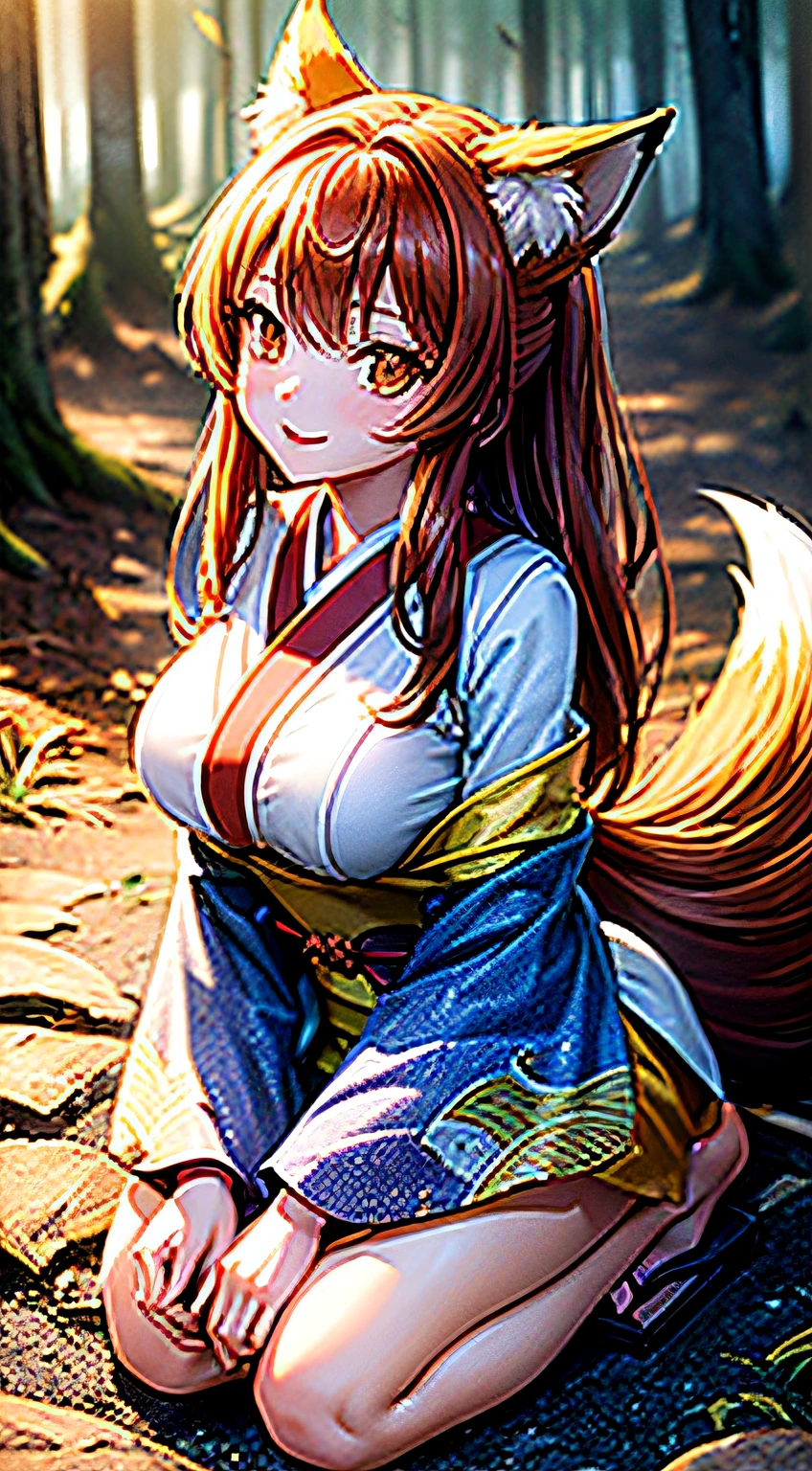 Two-shot photo of a girl and a fox,(Fantasia,Kitsune Yokai Four-Tailed Heavenly Fox,),(Girl and Fox Yokai: The Tale of the Four-Tailed Heavenly Fox),
(With a girl bent down deep in the forest and looking up,Fox Yokai Two-shot movie of a fox protecting a girl's back Poster of the four-tailed heavenly fox),
(natural soft light.)(Sunlight,),(Sunlight,),(Professional Lighting.),
(glossy light brown and orange two-tone color,,Wave Shortcut Hair,disheveled hair,),japanese kimono,Geta,Cute round face red lipstick,A cute smile that makes the viewer happy,
autumn forest,Strong wind soaring over dead leaves
Digital Illustration,
(Photorealsitic:1.3),(Raw photo.),
(masutepiece,top-quality,Ultra-high resolution output image,)
(The 8k quality,),(Image Mode Ultra HD,),(Image Mode Ultra HD,),(Sea Art 2.1:1.3,),Japan Anime Fantasy,