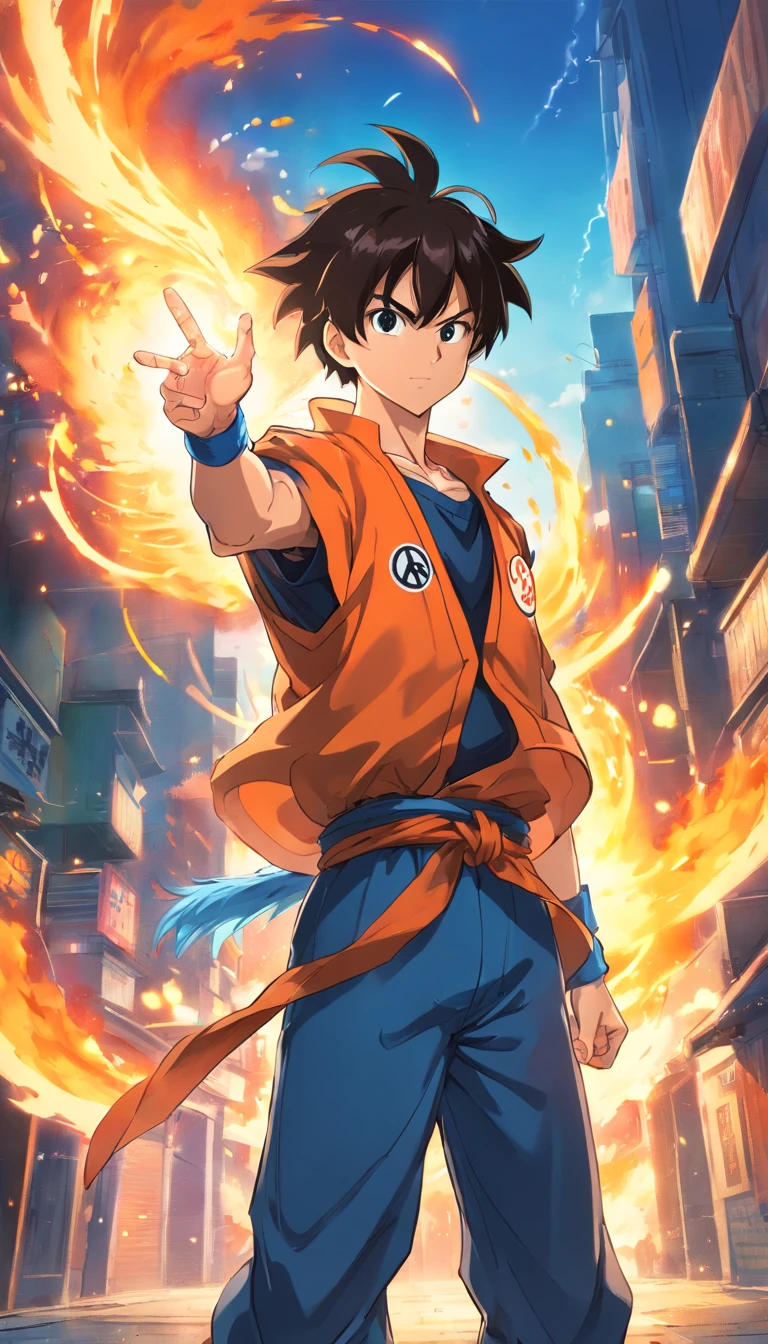 One guy，Dragon Ball painting style，Akira Toriyama's painting style，fire force+steams+Mist Goku, The top is broken, Saiyans full of burning flames and fireworks skills，actionpose，full body Esbian，（loimu：0.7），Skilled special effects handling，high detailing
