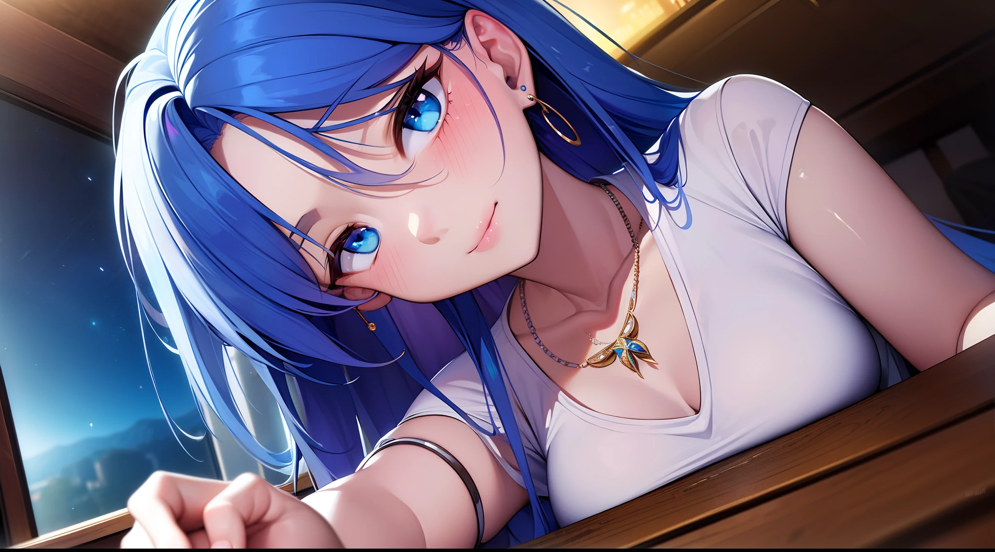 ((masterpiece)), ((best quality)), (ultra-detailed), ((extremely detailed)), 4K, (8K), best quality, (beautiful), anime style, look up from below, bar, night, a cute girl, 1girl, solo, suit, beautiful rainbow hair, beautiful blue eyes, ((beautiful eyes)), white-skinned, earrings, necklace, smile