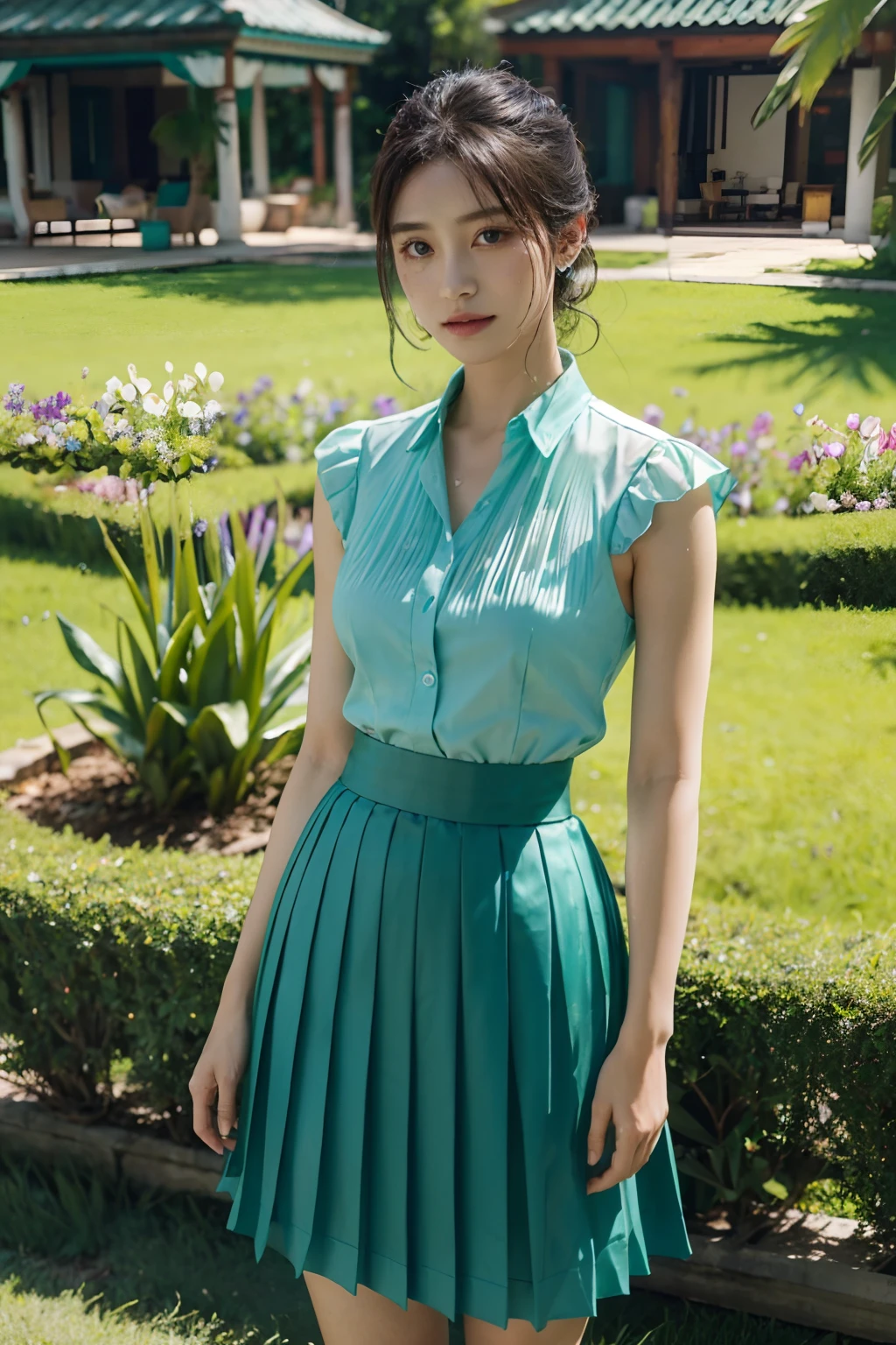Turquoise emerald tobacco shirt,Loose flower water mist green grass pleated skirt,Dressed in emerald water tint,The shoulders are cut into a waist,Muscles are like curdled fat, and the gas is like a orchid.Coquettish and boneless。