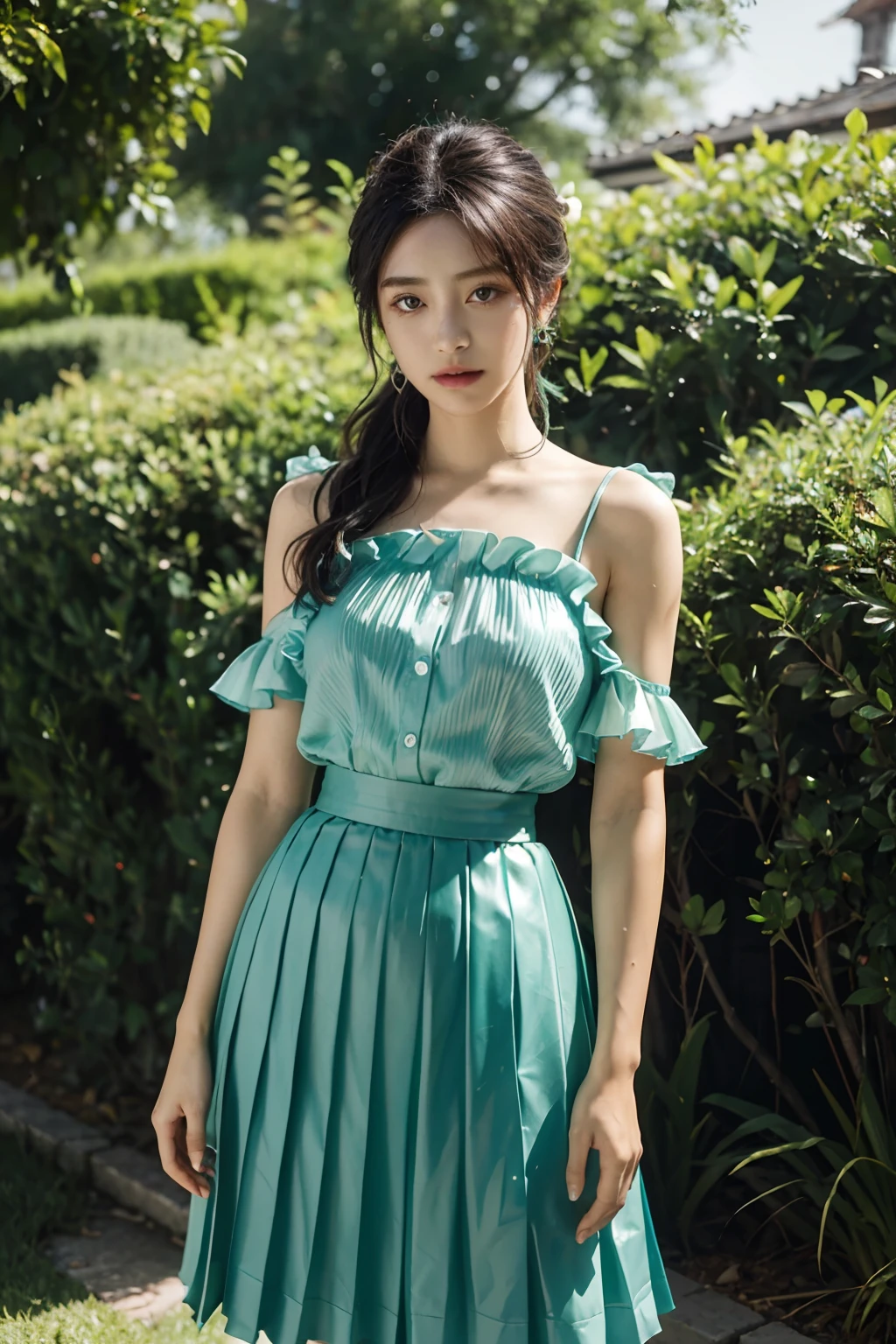 Turquoise emerald tobacco shirt,Loose flower water mist green grass pleated skirt,Dressed in emerald water tint,The shoulders are cut into a waist,Muscles are like curdled fat, and the gas is like a orchid.Coquettish and boneless。