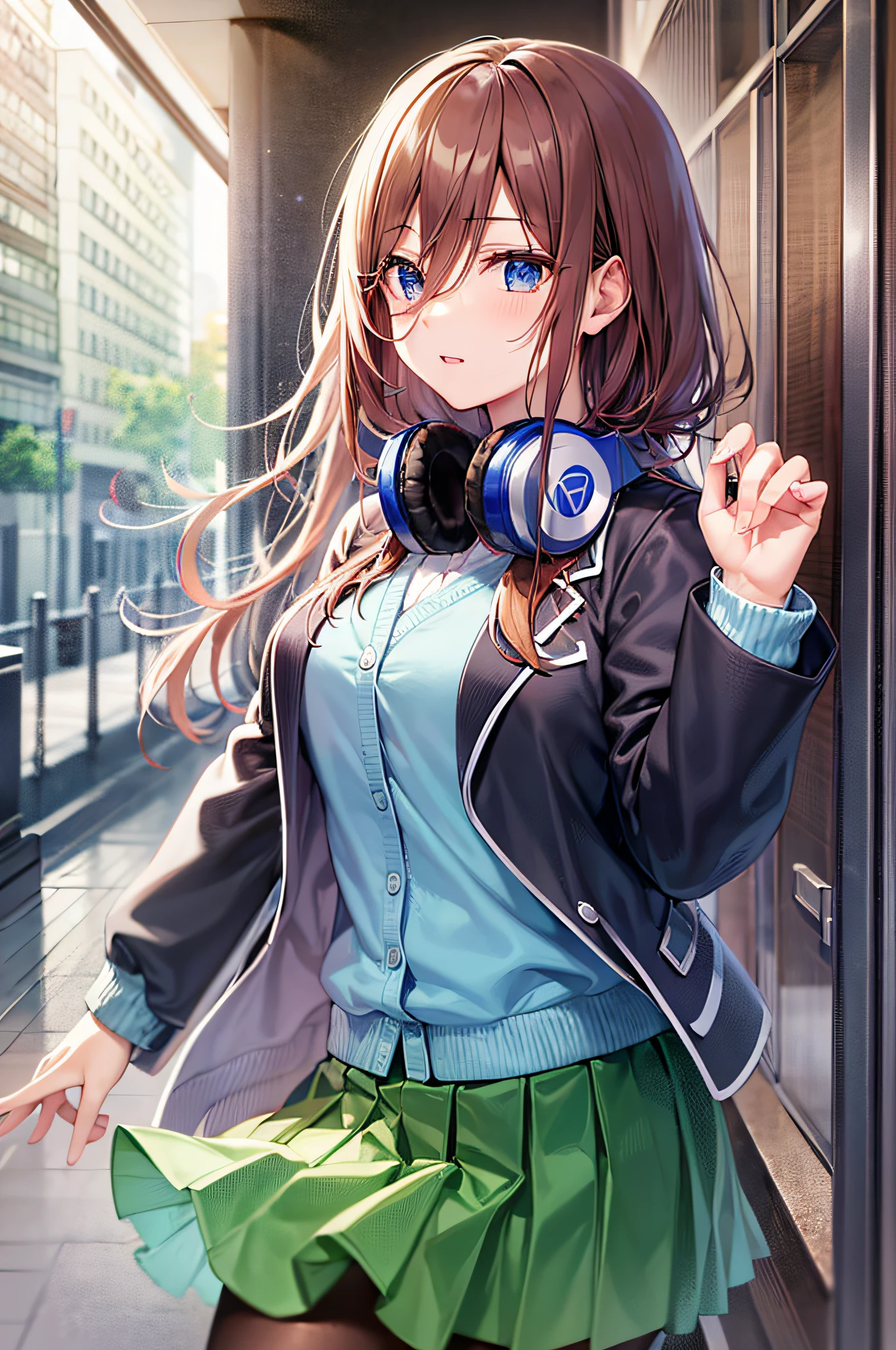 masutepiece, Best Quality, High resolution, 超A high resolution, depth of fields, Brown hair, hair between eye, headphones, Blue cardigan, headphones around neck, School uniform, Long sleeves, Blue cardigan, Green skirt, pantyhose, Black jacket, Open jacket