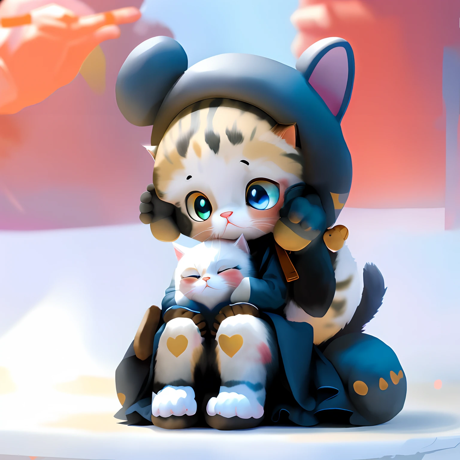 The cat holding the cat in his hand looks in the direction of the palm,Poor and cute look