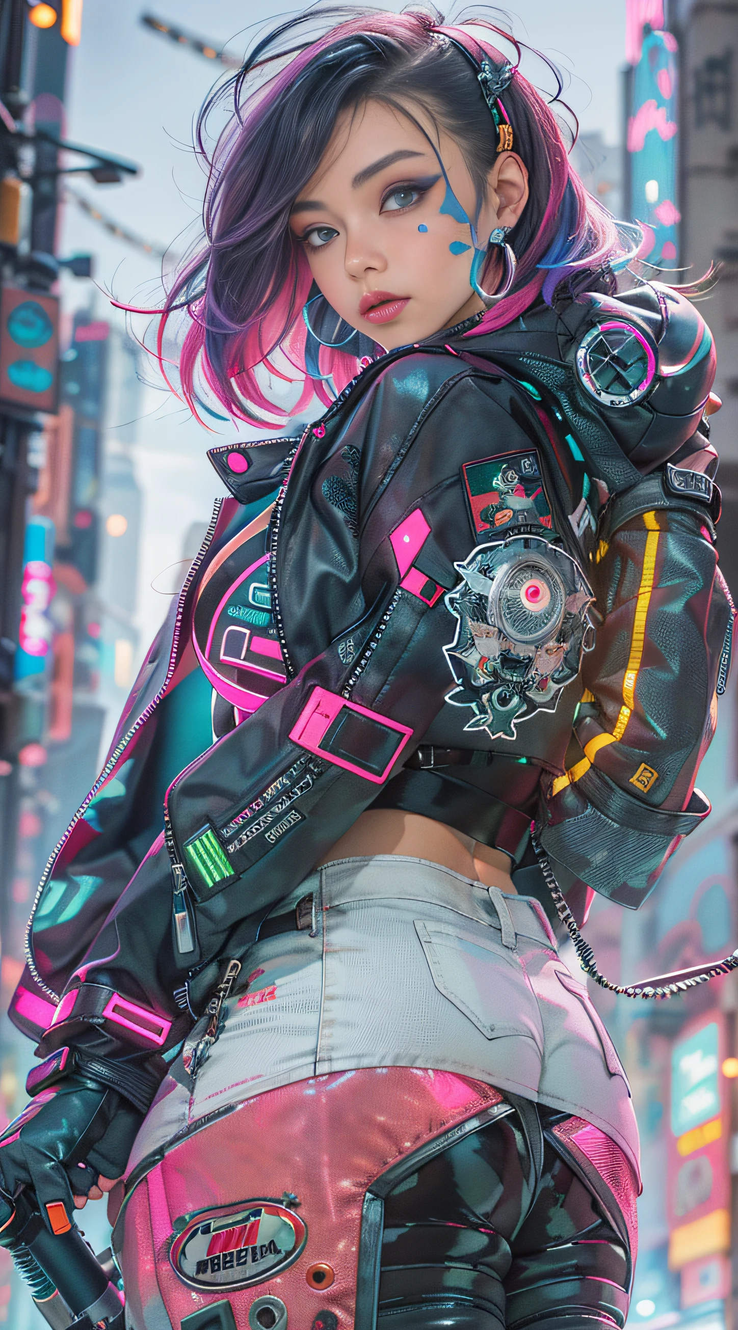 Masterpiece, Best quality, Confident cyberpunk girl, Full body shot, ((Stand in front of the motorcycle)), Popular costumes in Harajuku style, Bold colors and patterns, Eye-catching accessories, Trendy and innovative hairstyle, Vibrant makeup, Cyberpunk's dazzling cityscape, skyscrapper, Neon signs, LED lights, Bright and vivid color scheme, anime big breast, illustration, Detailed skin texture, Detailed cloth texture, Beautiful detailed face, Intricate details, Ultra detailed.