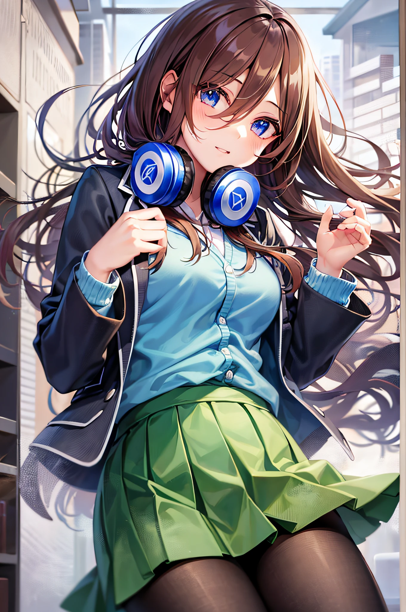 masutepiece, Best Quality, High resolution, 超A high resolution, depth of fields, Brown hair, hair between eye, headphones, Blue cardigan, headphones around neck, School uniform, Long sleeves, Blue cardigan, Green skirt, pantyhose, Black jacket, Open jacket