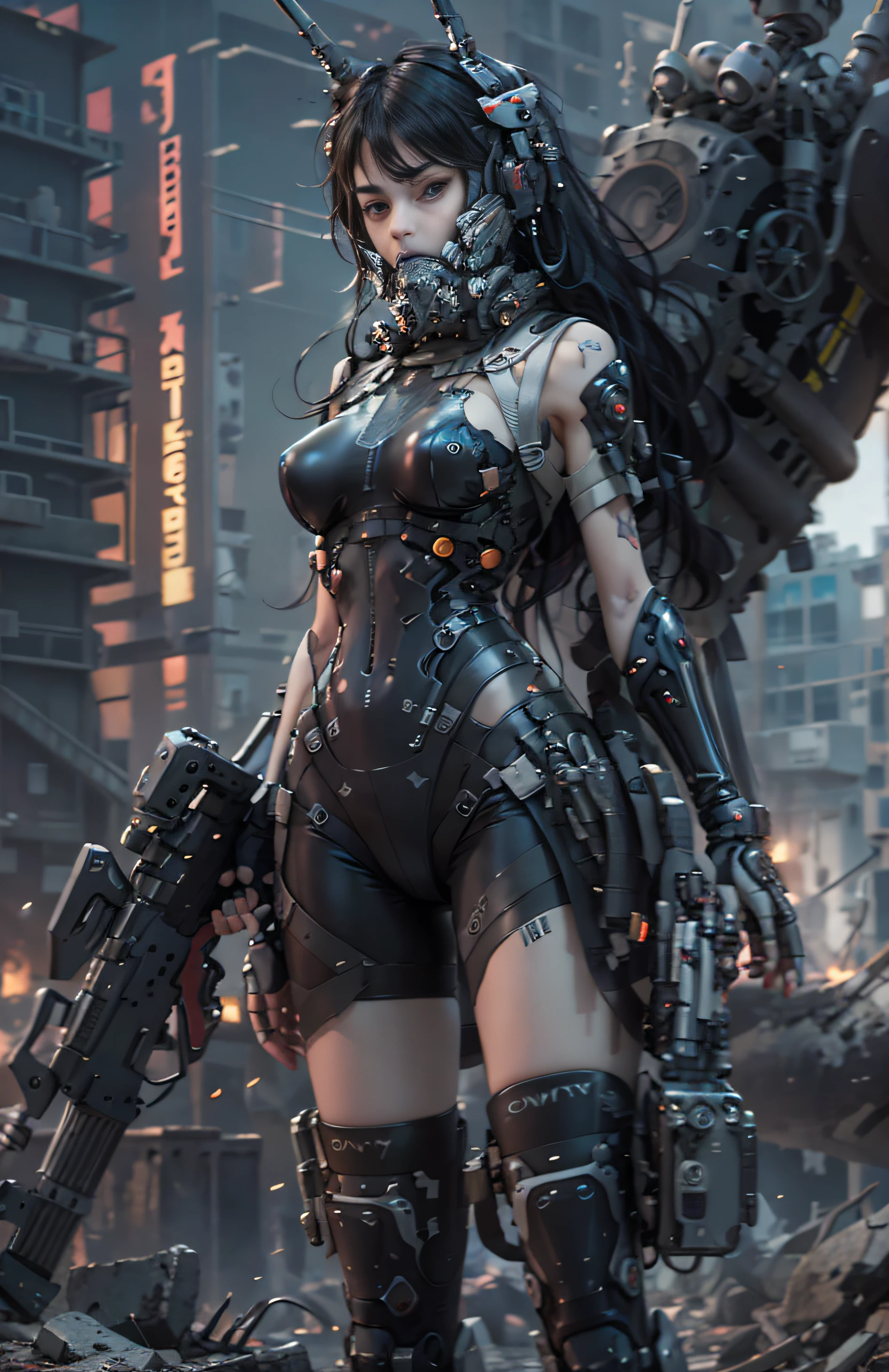 This is a hyper-detail、Ultra-high facial detail，High resolution and top quality CG Unity 8k wallpaper，Photorealistic, high resolution,  Solo, Hips up,The style is cyberpunk，Mainly black and red。In the picture, A tall beautiful girl appears，Long black hair，s delicate face，Wearing a steam mech，standing on ruins，The action of a woman holding a heavy sniper rifle in her hand