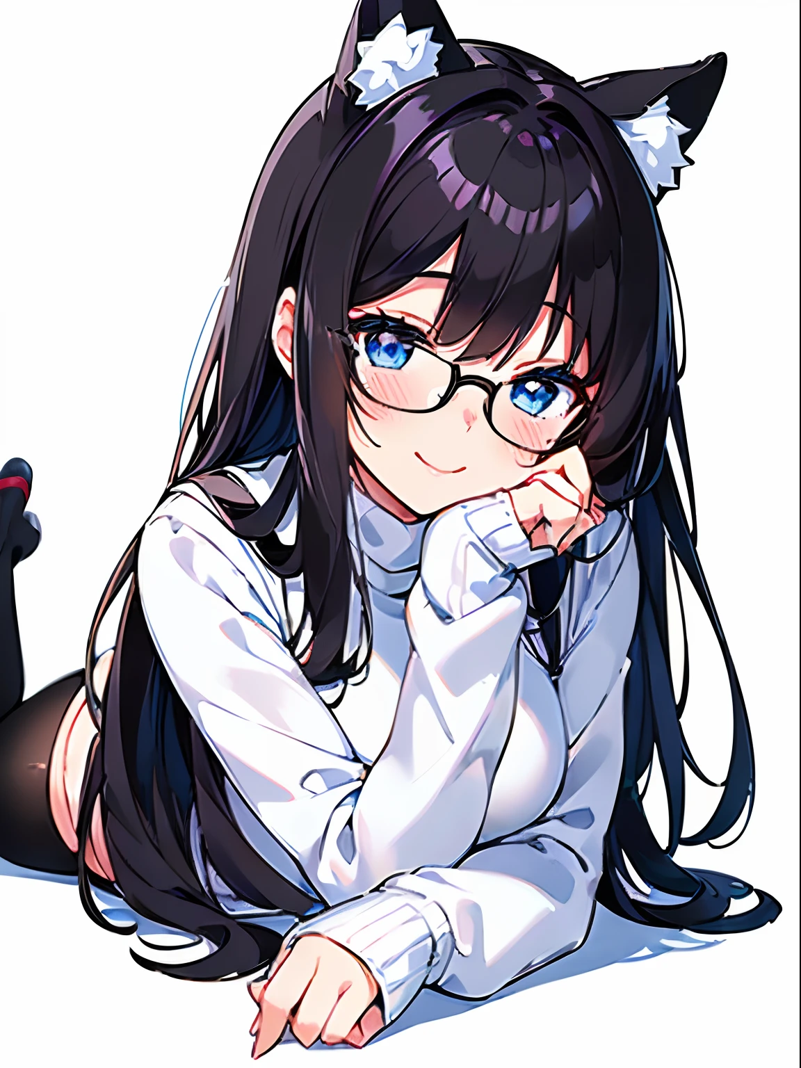 1girl, ((solo)), (((masterpiece))), (((anime adult woman in a WHITE turtleneck cotton sweater outfit))), (((beautiful detailed eyes))), blue eyes, (((smiling))), ((black cat ears)), (((black hair))), (black straight hair), (((blushing))), (flustered), (((lying down))), anime moe artstyle, (((with WHITE thigh highs))), (((no shorts))), (((showing black panties))), spectacled, with BLACK glasses on, attractive anime girl, (((white background))), (clear background), ((perfect hands)), (((perfect anatomy))), (((full body))), (((high resolution))), (((ultra sharp))), (((8k)))