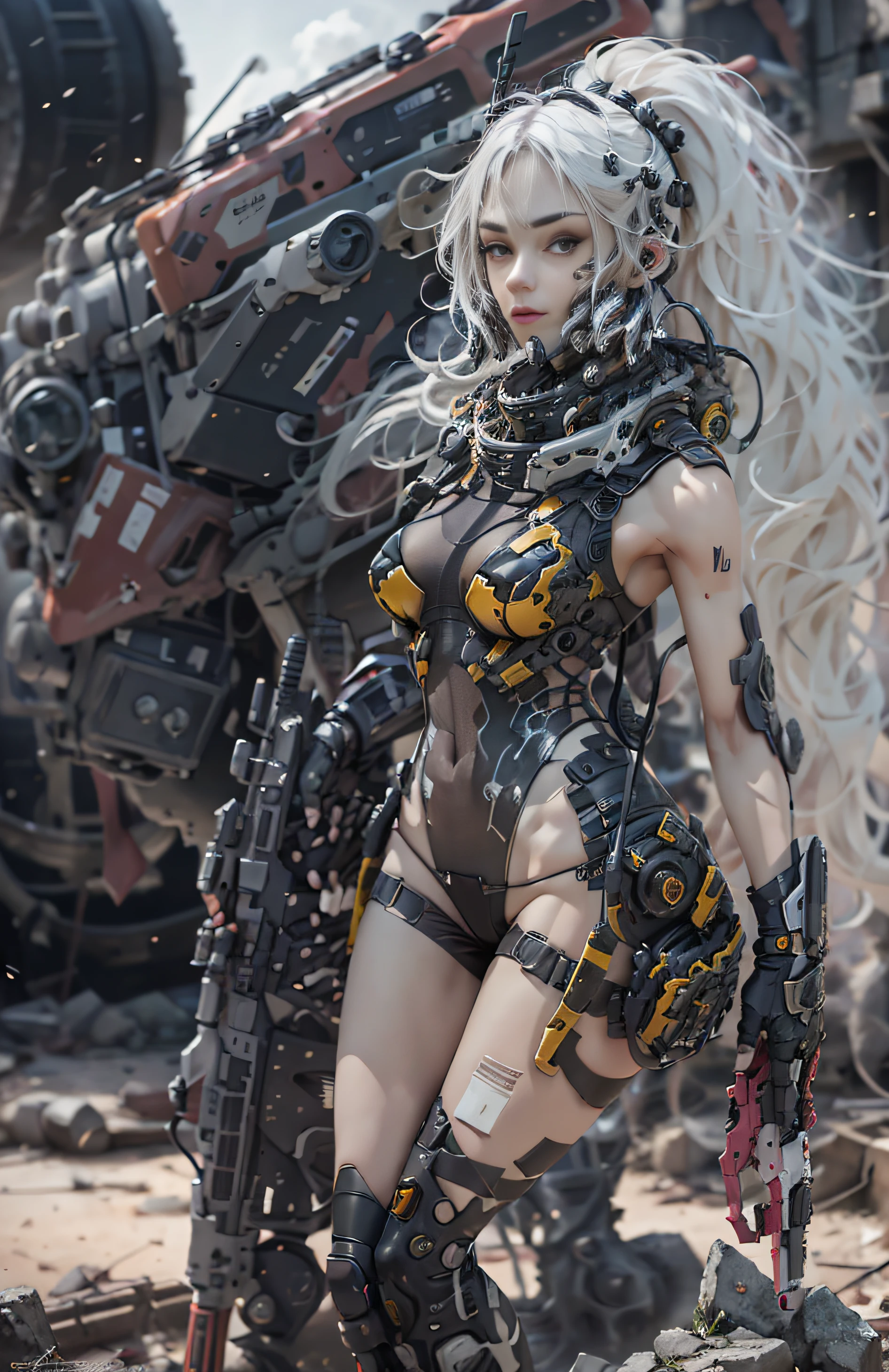 This is a hyper-detail、Ultra-high facial detail，High resolution and top quality CG Unity 8k wallpaper，Photorealistic, high resolution,  Solo, Hips up,The style is cyberpunk，Mainly black and red。In the picture, A tall beautiful girl appears，Long messy white hair，s delicate face，Wearing a steam mech，standing on ruins，The action of a woman holding a heavy sniper rifle in her hand