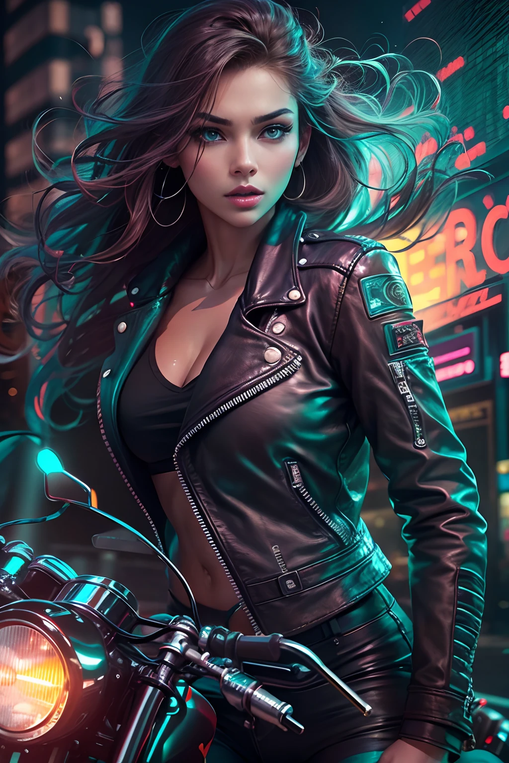 ((((((A young woman))), the anime, ( Green eyes), (black hair), Nice face, ssmile, the perfect body, Wavy Hair, hairlong, (((morena))), big breastes, ((tmasterpiece, beste-Qualit)), illustartion, ультра детализированная 8k, Photorealistic, sharp-focus, higly detailed, Professional lighting, colorful details, Rainbow colors, Glowing, intricate detials, Vivid details, leather shorts, Luminous strap, Top Mom, Leather Jacket G, city   of the future