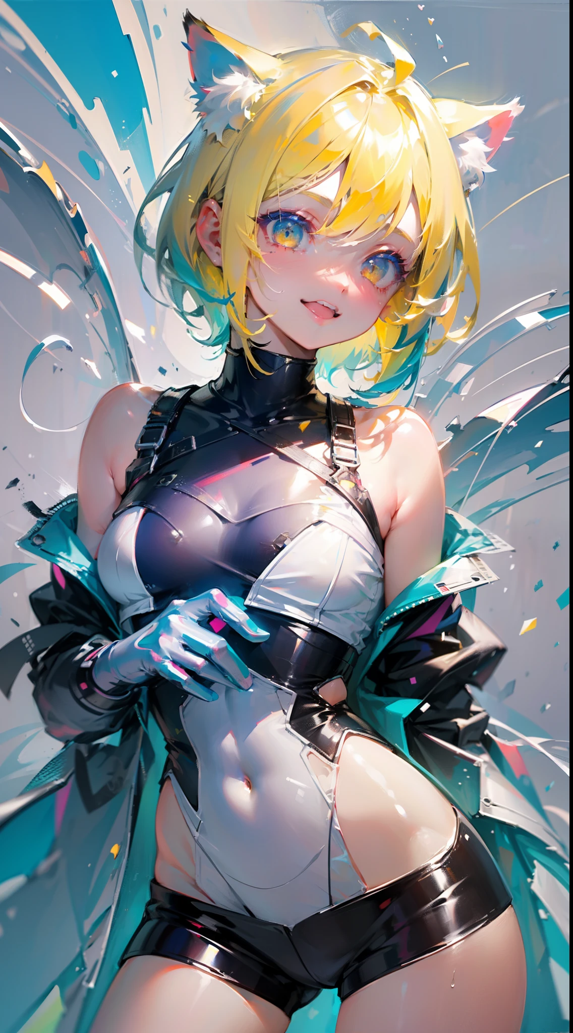 1 girl, pastelcolor, yellow hair strokes, Cyan eyes, short detailed hair, Small cat ears, Cyberpunk clothes, There are a lot of hairpins in the hair, Shoulders open, Hands open, Slimming the waist, A happy smile with a long tongue sticking out, Long tongue, whole-length, legsupms, Reference, Anime reference, Reference the character from different angles, white backgrounid