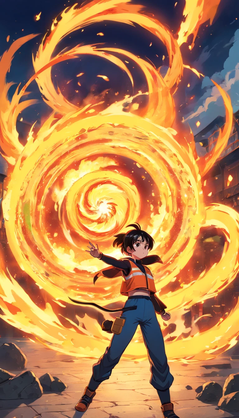 Gojo Gojo、Dragon Ball painting style、fire force+steams+myst、Saiyan、actionpose