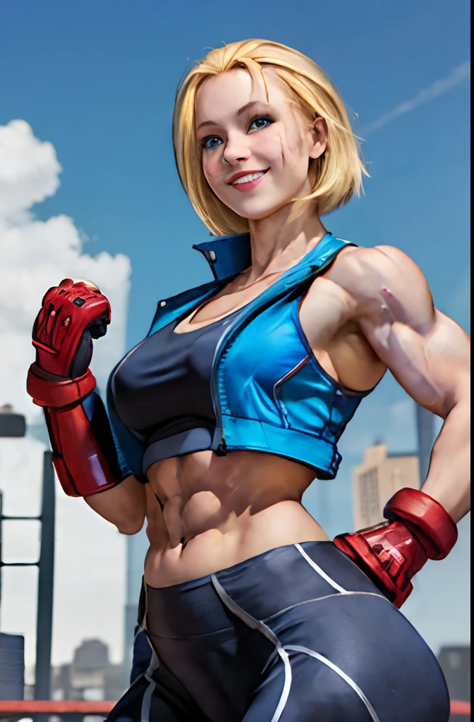 cammy sf6 ,1girl , solo , tank top , yoga pant, abs, short hair , blonde hair , open jacket ,blue eyes , outdoor , standing , smile , happy , upper body , scar on cheeks ,gloves,