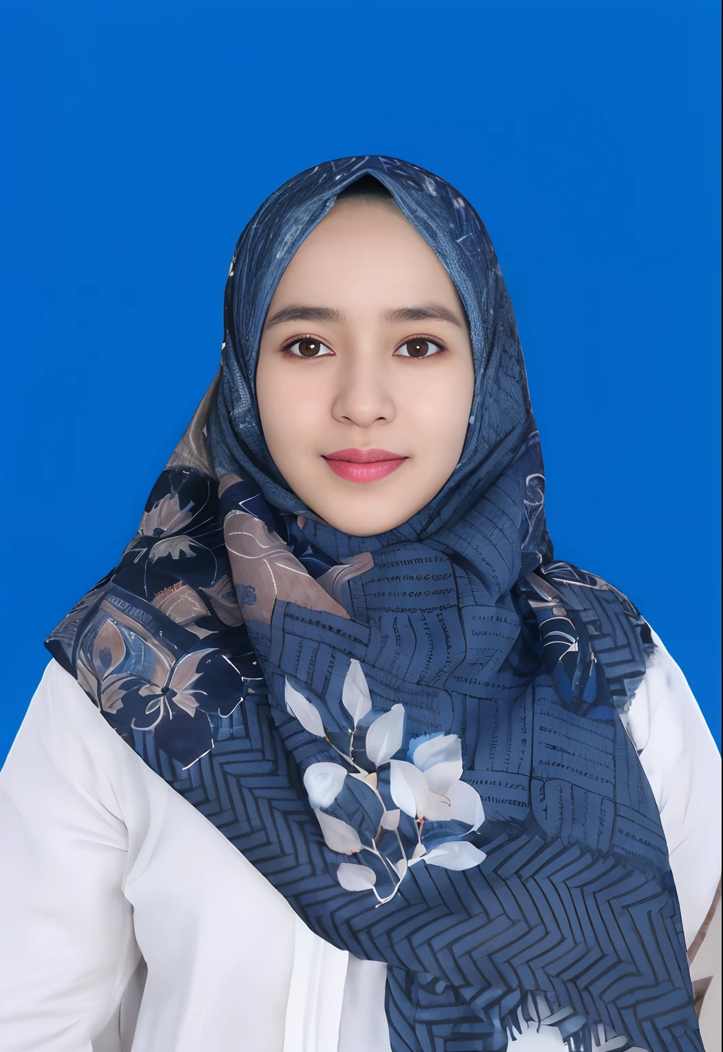 arafed woman wearing a scarf and a white shirt, hijab, student, batik, full protrait, h. kyoht luterman, faridah malik, shawl, protrait, ayamin kojima, with a blue background, hannah yata, profile portrait, composite, beatrice blue, hana alisa omer, full device, teacher, sakimi chan