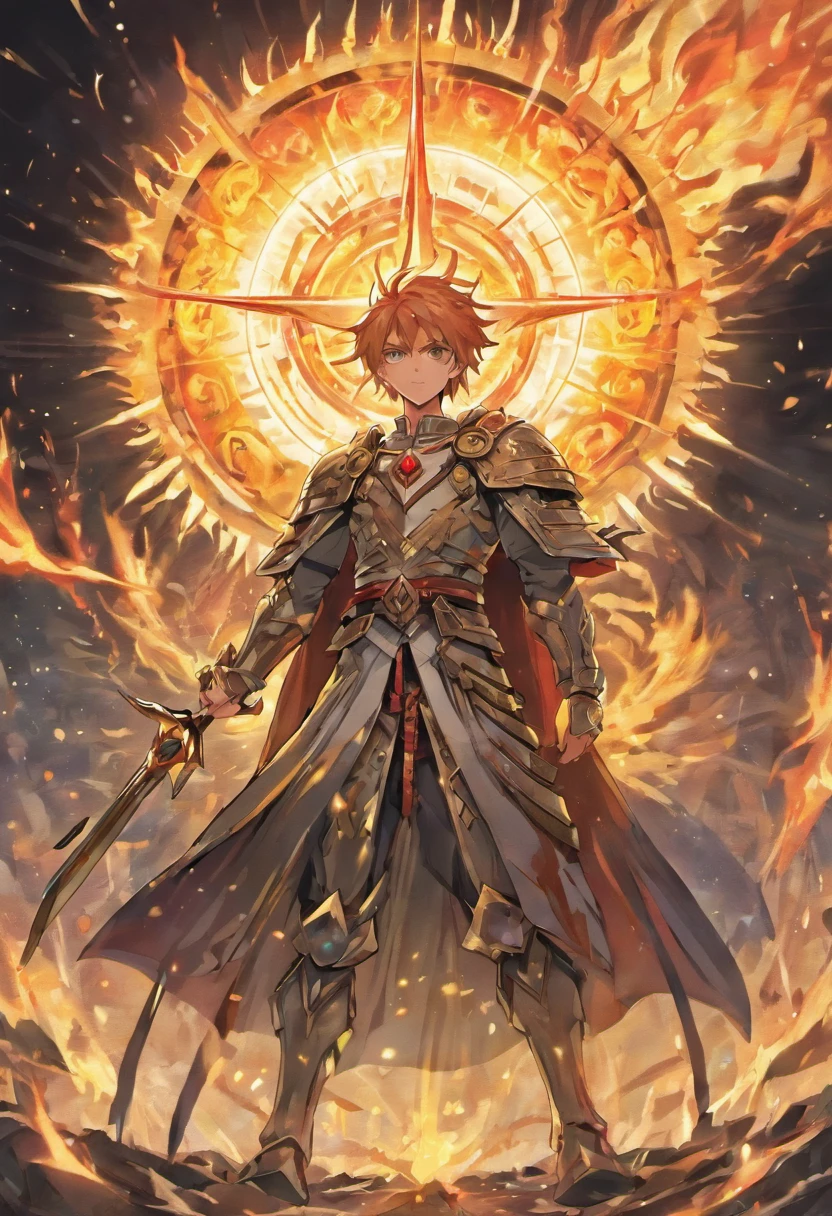 St. Giles，O nono herdeiro do imperador，Use armadura de poder de ouro，Behind the background of the day, deixe as asas abertas，Conjunto com 3 pedras preciosas vermelho-sangue no peito，Holding the Sword of Truth in Your Hand, a raging fire burned，Sun pattern on the back，He is the sun god Apollo，Ares, O Deus da Guerra，Anjo de Sangue Santo Furioso