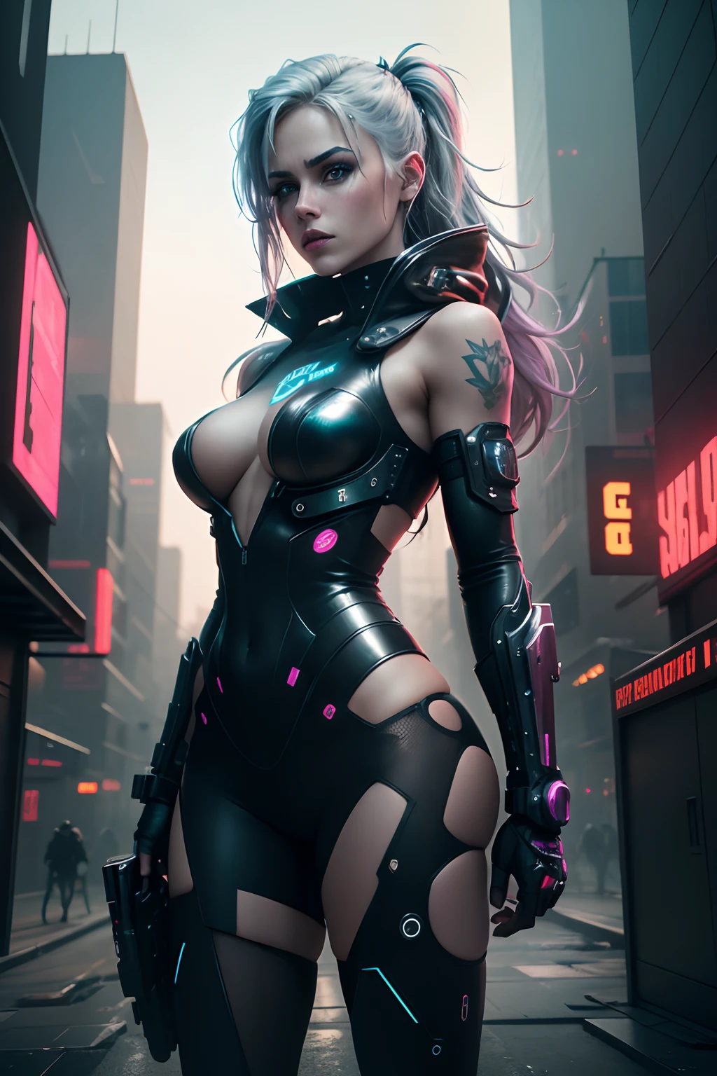 Ciri,cyberpunk,(best quality,4k,8k,highres,masterpiece:1.2),ultra-detailed,(realistic,photorealistic,photo-realistic:1.37),futuristic,portraits,neon lights,stunning visual effects,mixed reality,advanced technology,colorful palette,sharp contrast,bright cityscape,sleek hairstyle,bionic enhancements,metallic outfit,cybernetic implants,expressive eyes,confident pose,strong and determined personality,holographic projections,gritty urban environment,dystopian setting,hovering vehicles,tall skyscrapers,glowing tattoos,high-tech weaponry,action-packed scene,cool and futuristic gadgets,striking makeup,intense atmosphere