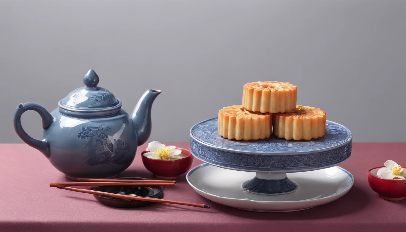 Mid-Autumn Festival,delicacies,{A piece of mooncake},A cup of tea,A teapot,sweet osmanthus,red gradient background,Anatomically correct,High quality, Best quality, A high resolution
