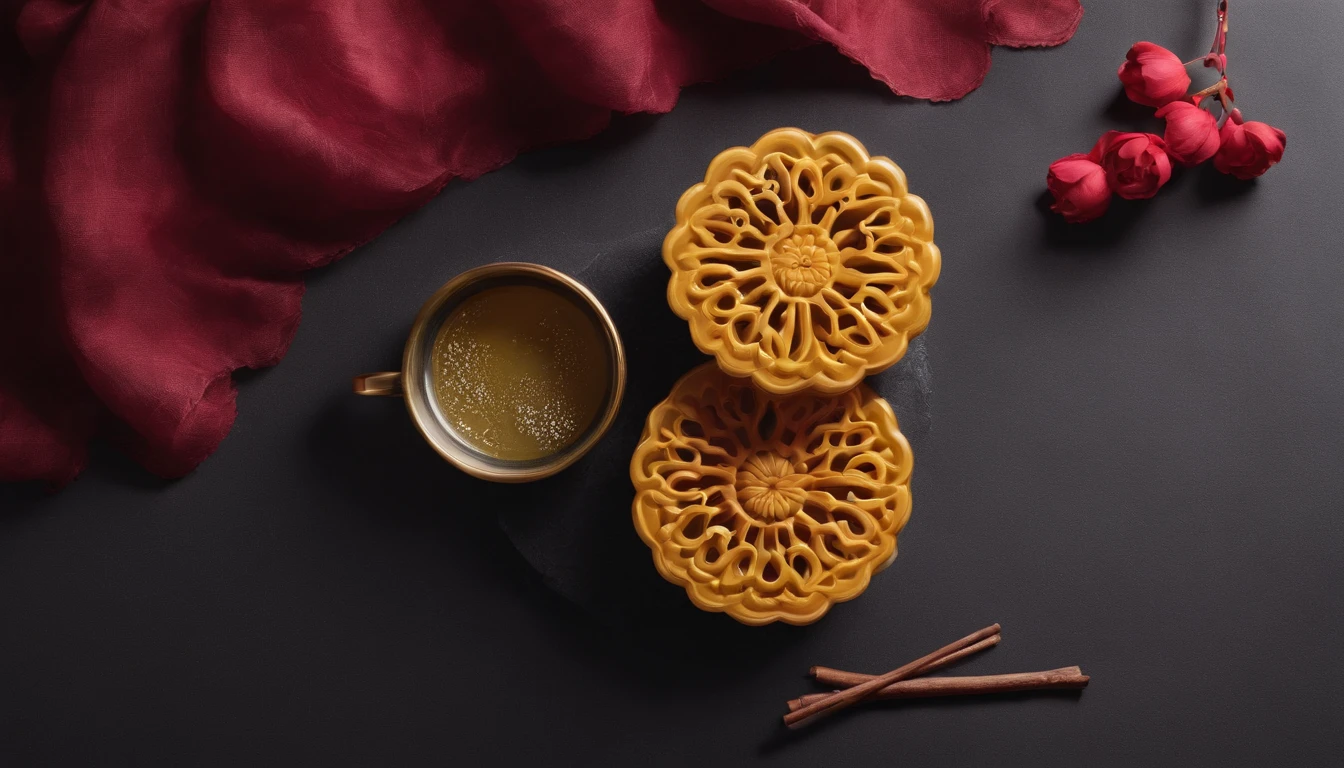 Mid-Autumn Festival,delicacies,{A piece of mooncake},A cup of tea,A teapot,sweet osmanthus,red gradient background,Anatomically correct,High quality, Best quality, A high resolution