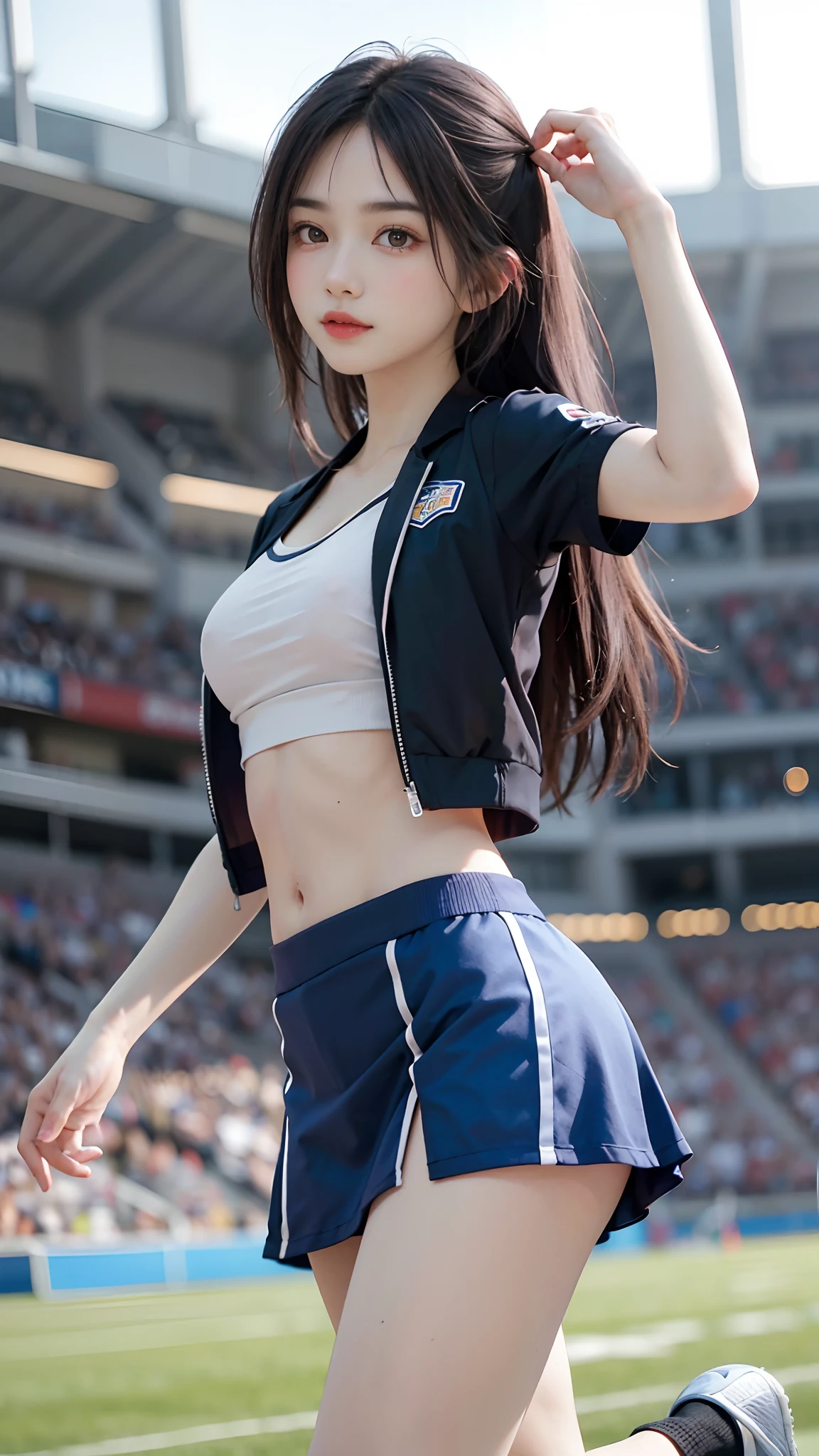 4k ultra hd, masterpiece, best quality, a girl, sports girl, happy, good face, smile, detailed eyes, detailed lips, very long hair, Multicolor floating hair, slim body, sweaty body, medium breasts, tight abs, narrow waist, blue costume, short sleeves, cropped top, opened jacket, black jacket, skirt, dark shadow, bright sunshine, evening, sun light, stadium background, running pose,