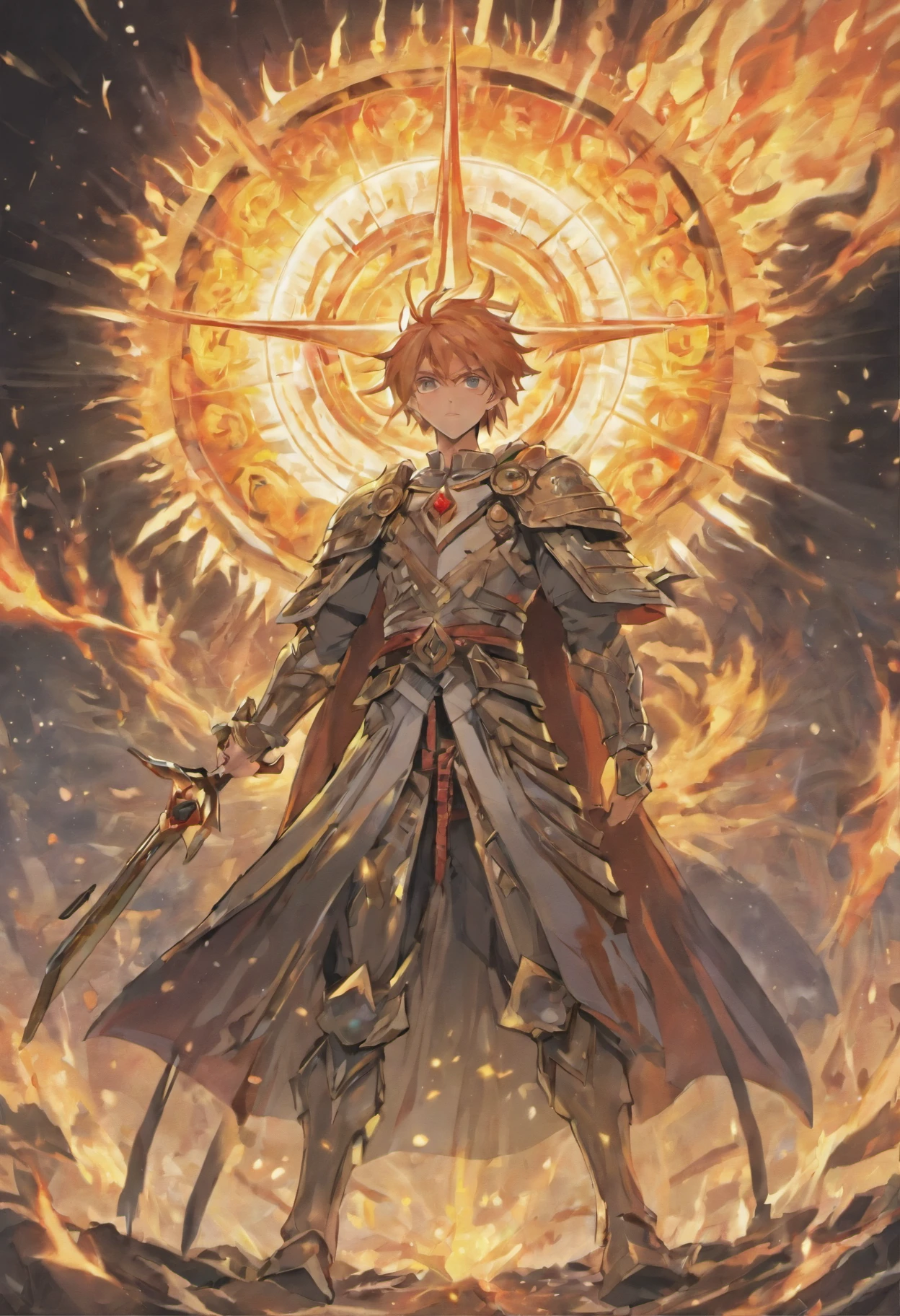 St. Giles,O nono herdeiro do imperador,Use armadura de poder de ouro,Behind the background of the day, deixe as asas abertas,Conjunto com 3 pedras preciosas vermelho-sangue no peito,Holding the Sword of Truth in Your Hand, a raging fire burned,Sun pattern on the back,He is the sun god Apollo,Ares, O Deus da Guerra,Anjo de Sangue Santo Furioso