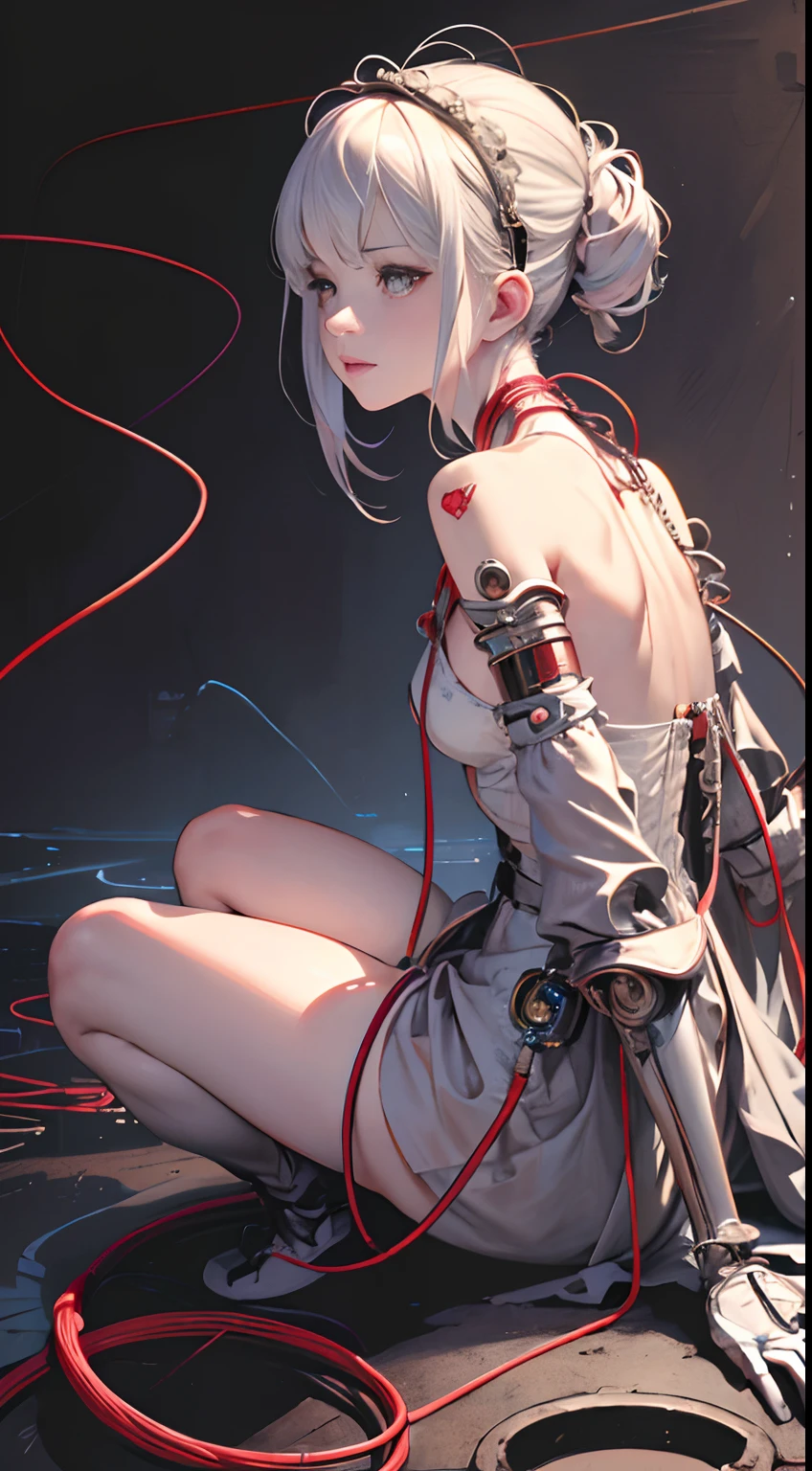 ((((masterpiece))), ((best quality))), ((ultra-detailed)), (CG illustration), ((an extremely delicate and beautiful)),(from side),cinematic light, ((1 mechanical girl)), single, full-body, (machine-made joint: 1.2), ( (mechanical limbs)), (blood vessels connected to tubes), (mechanical spine connected to back), ((mechanical cervical vertebrae attached to neck)), (sitting), forced laughter, (wires and cables around the neck: 1.2), (wires and cables on the head: 1.2) (character focus), sci-fi, extremely thin, colored, the finest white hair, red eyes, in battle, (knotted), (killing), (1 immortal)