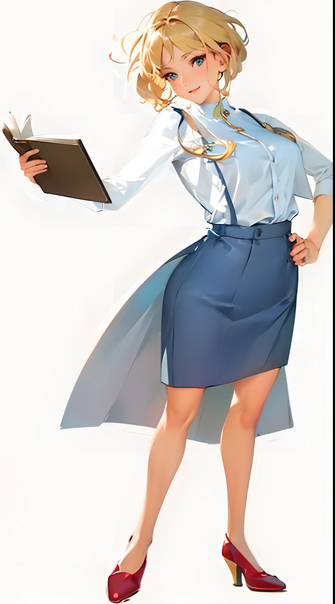 (best quality,4k,8k,highres,masterpiece:1.2),ultra-detailed,(realistic,photorealistic,photo-realistic:1.37), 1girl, blonde hair, blue skirt, book, clipboard, full body, high heels, pantyhose, pencil skirt, red footwear, shirt, shoes, short hair, skirt, solo, standing, illustrations, vivid colors, studio lighting, sharp focus, realistic skin tones, vibrant background, gentle sunlight, delicate facial features, expressive eyes, graceful posture, captivating smile, attention to detail, intricate patterns on clothing, flowing skirt motion, soft shadows, elegant composition