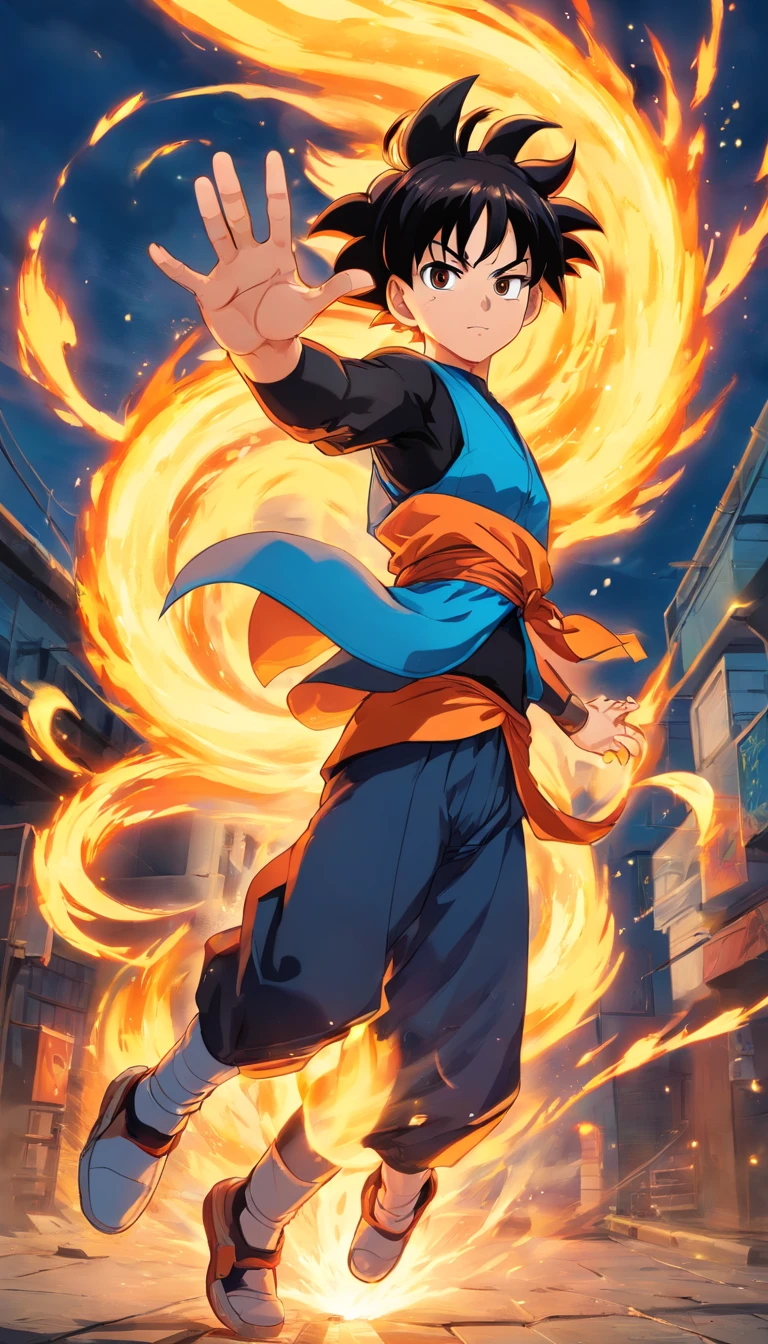 Jujutsu Kaisen、Dragon Ball painting style、fire force+steams+myst、Saiyan、actionpose