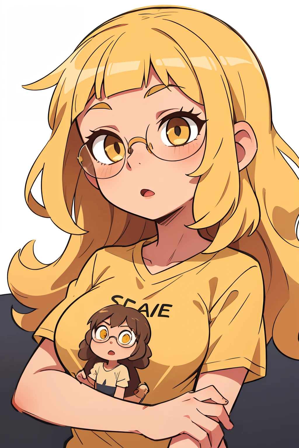 a girl with blonde hair, curly bangs, Yellow eyes, eyeglasses, Shirt, opened mouth