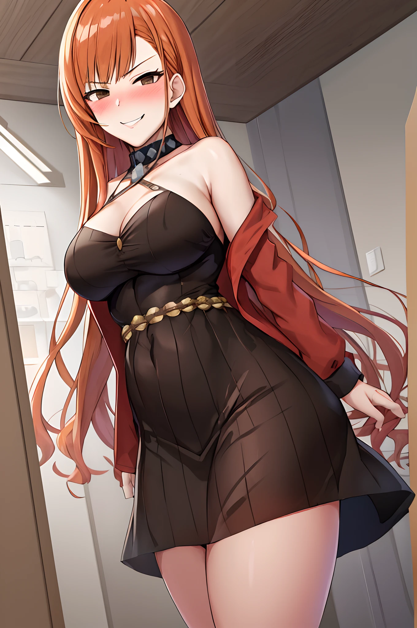 Nishikino maki, from side, purple eyes, open mouth,red hair, (curvy body), gigantic breasts, nipples , wide hips,thicc thighs,((short bodycon dress)), strapless , sleeveless, bare shoulders ,gloves, police cap, blushing,standing,looking at viewer, in prison,facial, cum, cum on breasts 