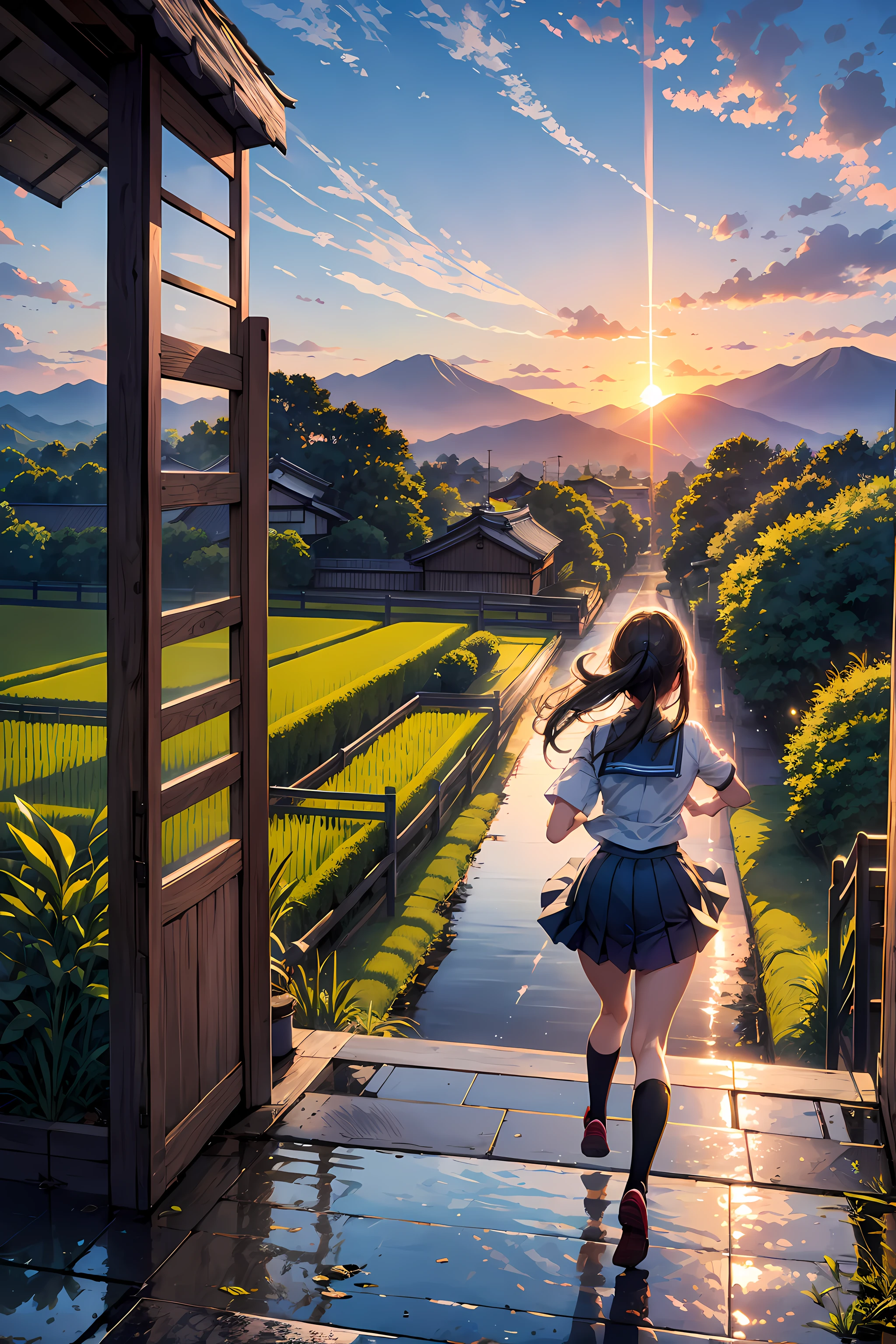 High school girl running towards rainbow hanging towards the mountain、Japanese high school girl、wearing a school uniform、Road after rain、rice fields、mont、rainbows、countryside view、Countryside landscape in Japan、Sunset、red dragonfly、