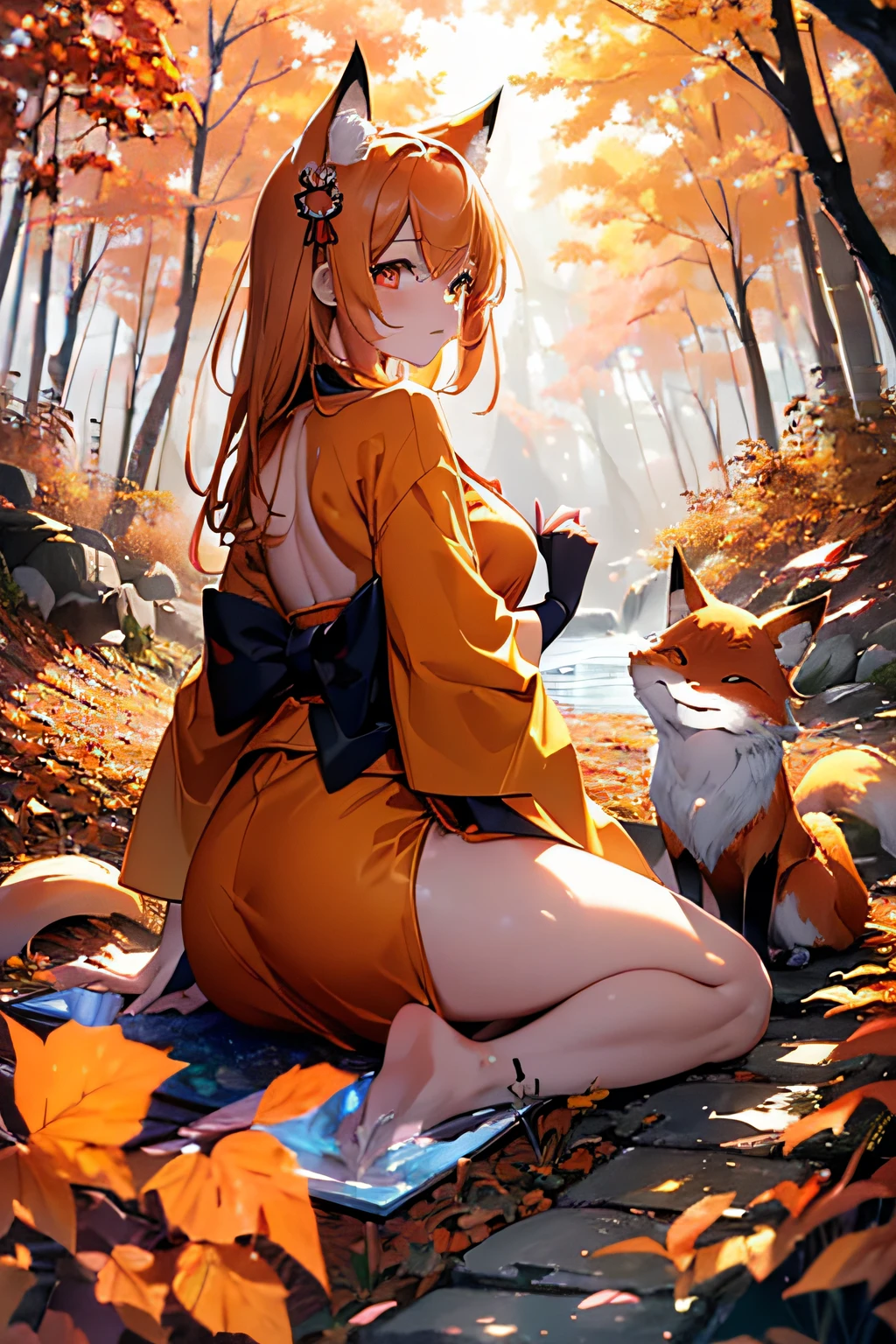 Two-shot photo of a girl and a fox,(Fantasia,Kitsune Yokai Four-Tailed Heavenly Fox,),(Girl and Fox Yokai: The Tale of the Four-Tailed Heavenly Fox),
(With a girl bent down deep in the forest and looking up,Fox Yokai Two-shot  of a fox protecting a girl's back Poster of the four-tailed heavenly fox),
(natural soft light.)(Sunlight,),(Sunlight,),(Professional Lighting.),
(glossy light brown and orange two-tone color,,,,,,,,,,Wave Shortcut Hair,disheveled hair,),japanese kimono,Geta,Cute round face red lipstick,A cute smile that makes the viewer happy,
autumn forest,Strong wind soaring over dead leaves
Digital Illustration,
(Photorealsitic:1.3),(Raw photo.),
(masutepiece,top-quality,Ultra-high resolution output image,)
(The 8k quality,),(Image Mode Ultra HD,),(Image Mode Ultra HD,),(Sea Art 2.1:1.3,),Japan Anime Fantasy,