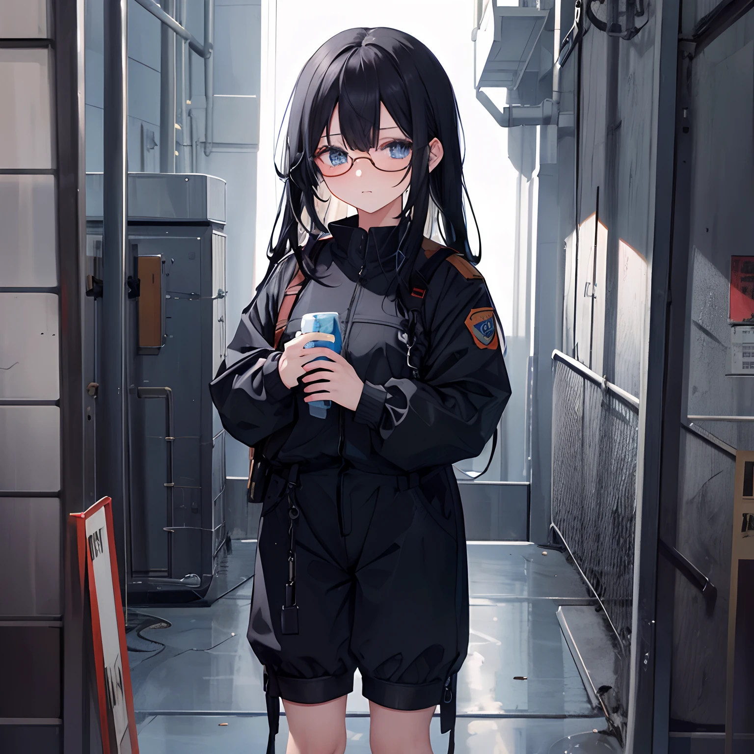 1girl, long black hair, blue eyes, wearing prison jumpsuit, prison, absurdres, high res, ultrasharp, 8K, masterpiece, looking at viewer,wearing glasses,mugshot,orange jumpsuit,crying,teen,