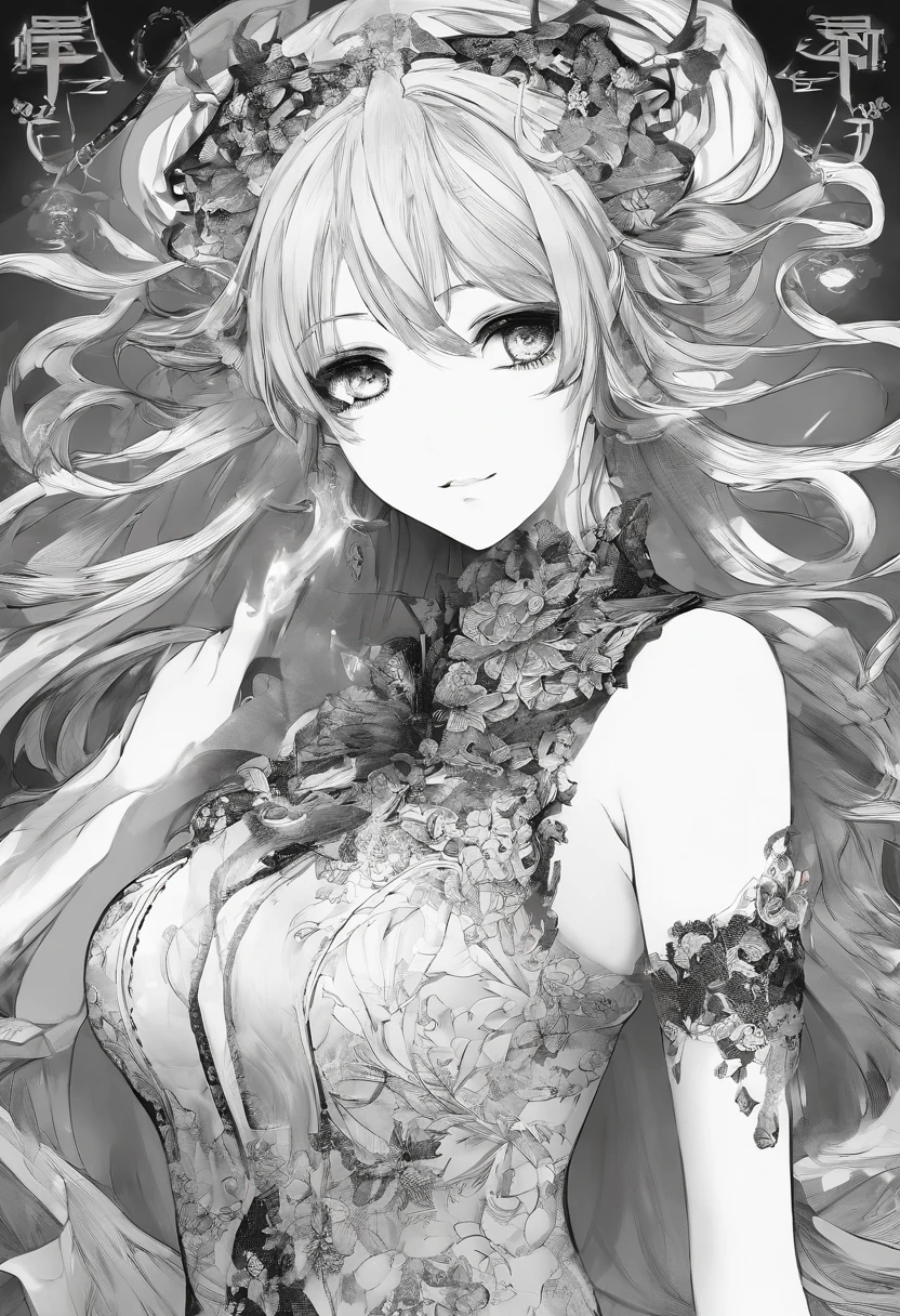 (masterpiece), best quality, expressive eyes, perfect face, idol costume, black and white, sketch, paper, full body, 1 girl, manga, fighting stance, small breasts, ((black detailed patterned dress)), low contrast, fire eyes, face mask, ((detailed daggers)), reverse grip, greyscale, monochrome