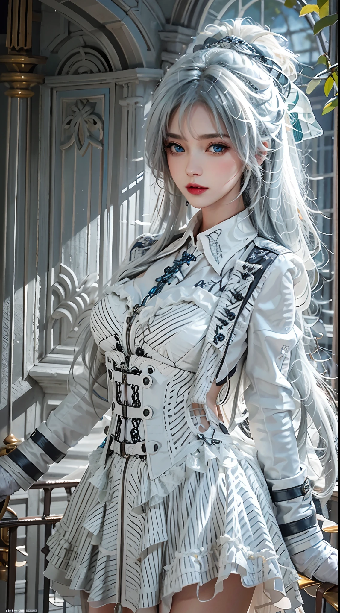 photorealistic, masterpiece, photorealistic, high resolution, soft light, hips up, blue eyes, white hair, long hair, black_little_dress, cool dress