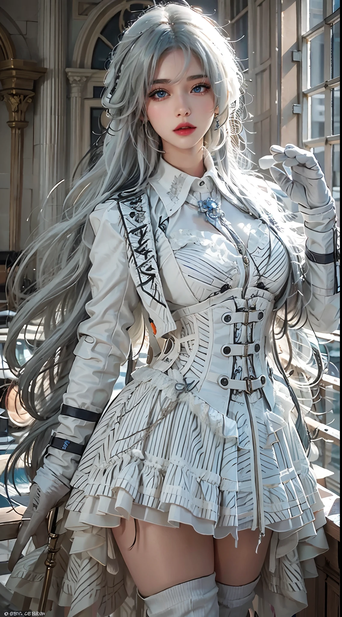 photorealistic, masterpiece, photorealistic, high resolution, soft light, hips up, blue eyes, white hair, long hair, black_little_dress, cool dress