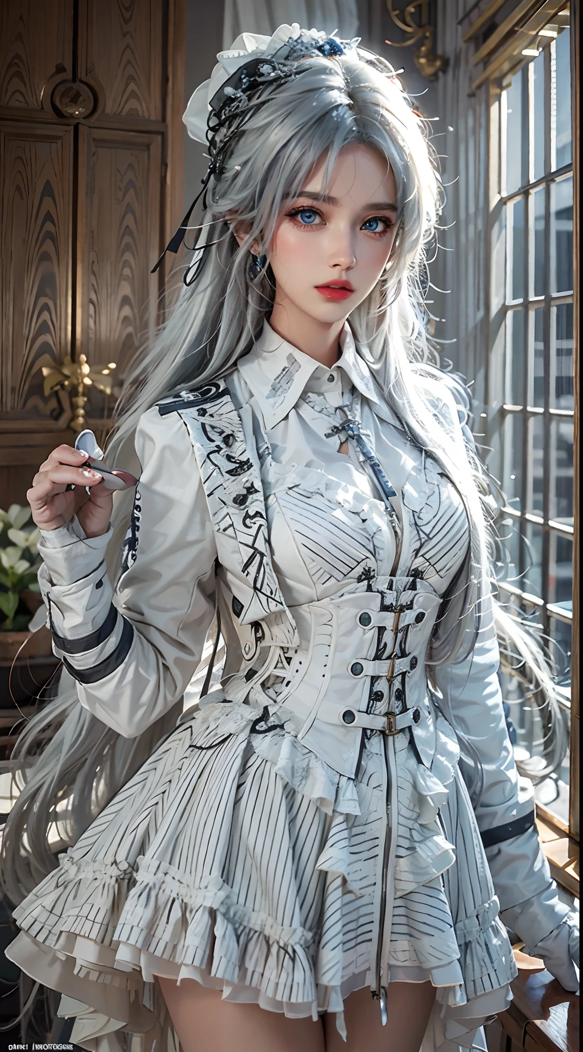photorealistic, masterpiece, photorealistic, high resolution, soft light, hips up, blue eyes, white hair, long hair, black_little_dress, cool dress