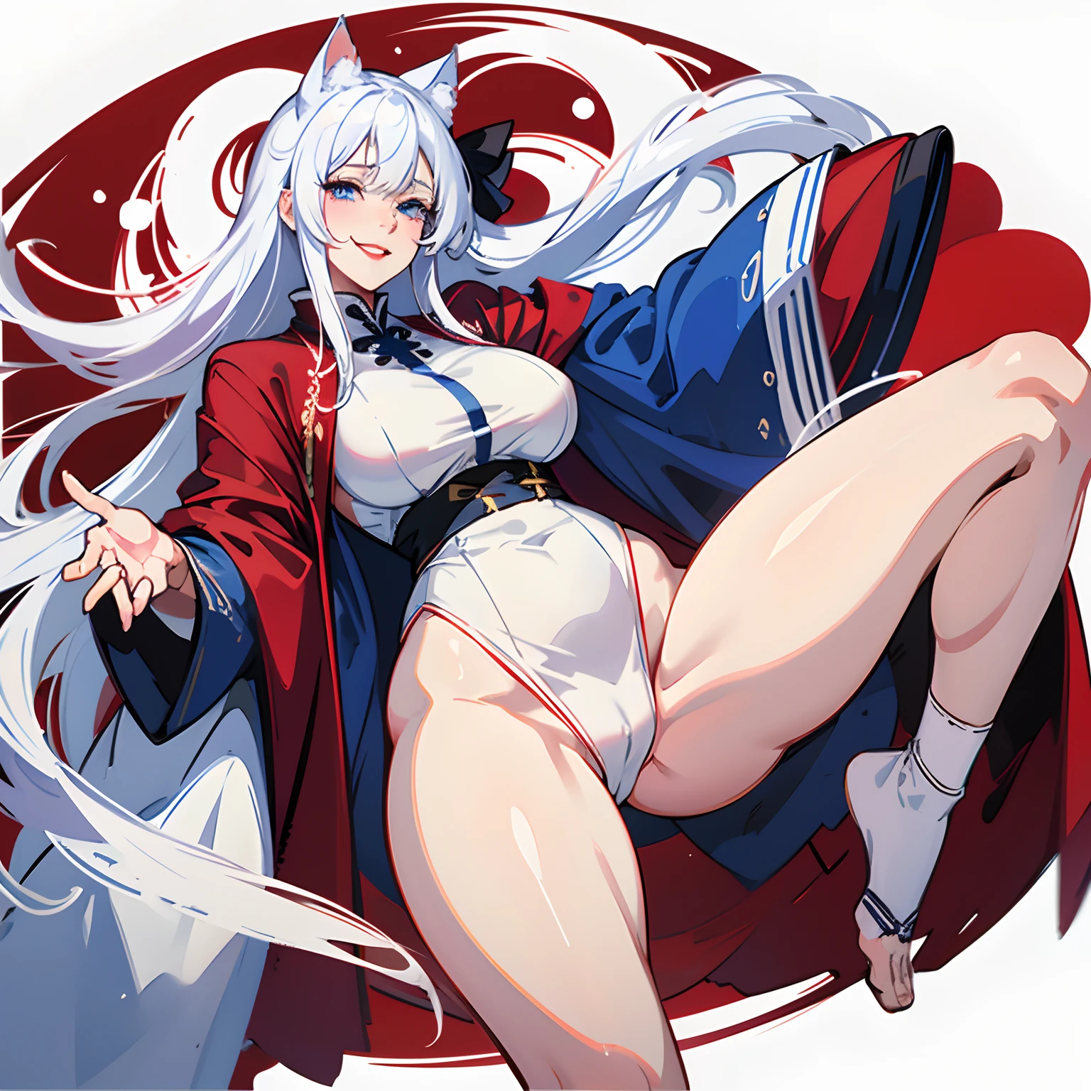 Adult woman, white hair, blue eyes, cat ear, big breast, thick thighs, cheerful grin, red lips, white witch robe, happy,
