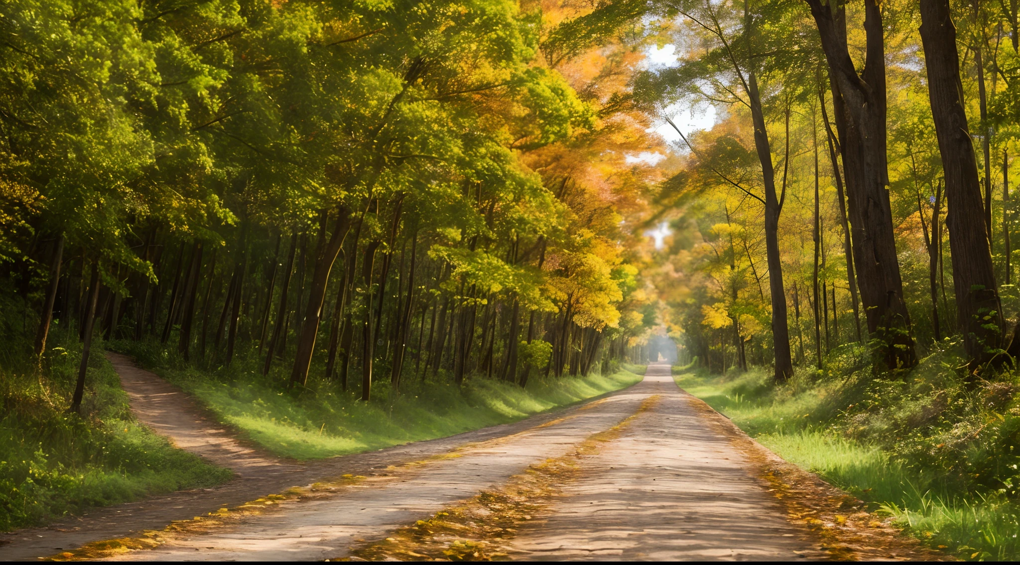 Early autumn afternoon、forest pathway、Dirt paths、Narrow road、Dirt path、Roadside weeds、leaves falling、nut、very real、photo-like、 masterpiece, Best Quality, hight resolution, in 8K