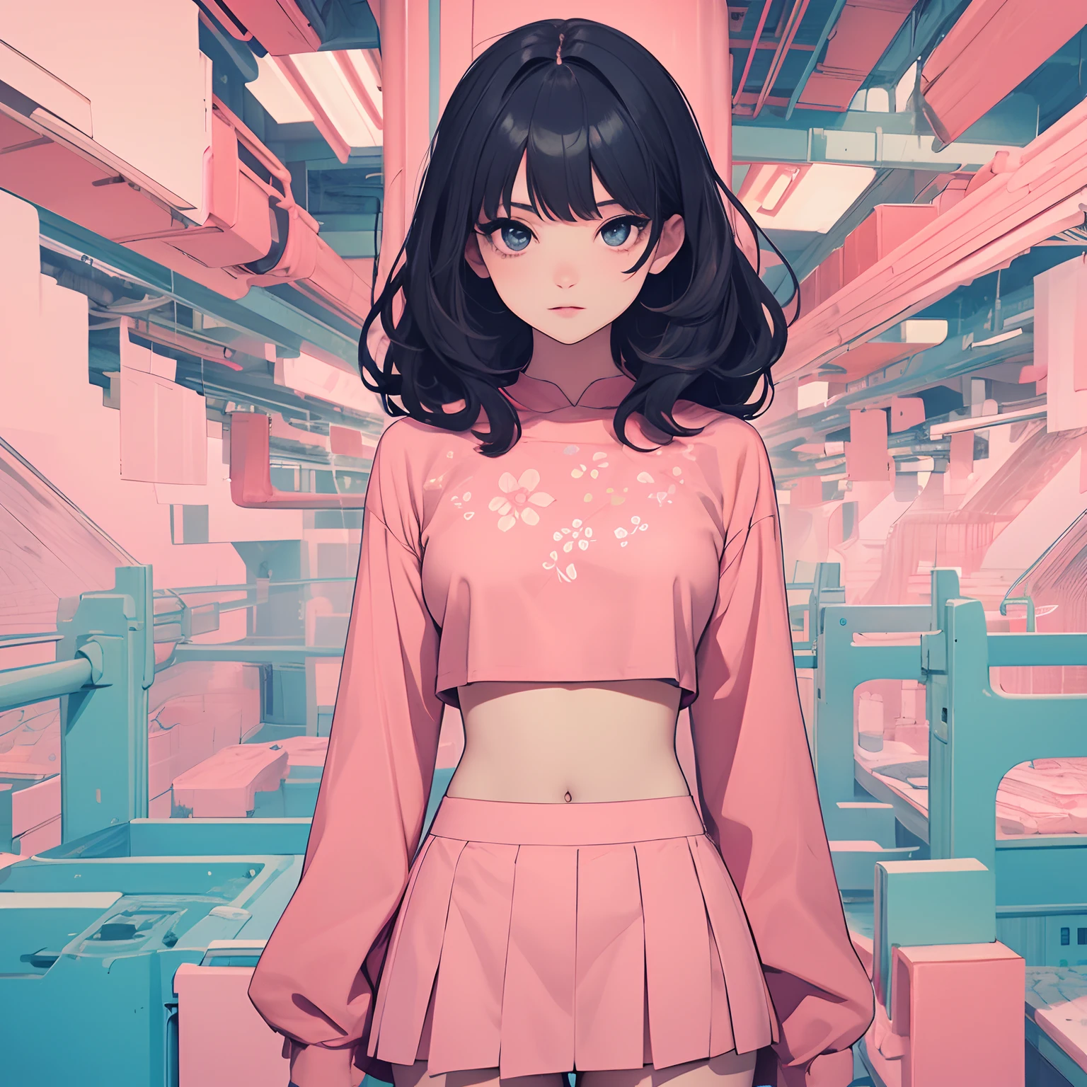(masterpiece, best quality), beautiful woman, soft light, crop-top with floral pattern, short skirt, cleveage, wavy hair, ponytail, asymmetrical bangs, perfect face, beautiful face, alluring, big gorgeous eyes, soft smile, perfect slim fit body, outdoors, standing, abstract background, bright colors, (risograph), full body shot, fullbody, medium breasts, solo, cleveage, sexy