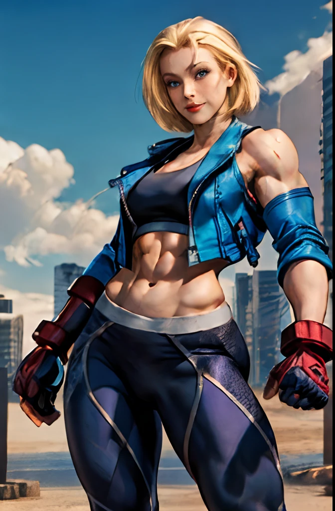 cammy sf6 ,1girl , solo , tank top , yoga pant, abs, short hair , blonde hair , open jacket ,blue eyes , outdoor , standing , smile , happy , upper body , scar on cheeks ,gloves,