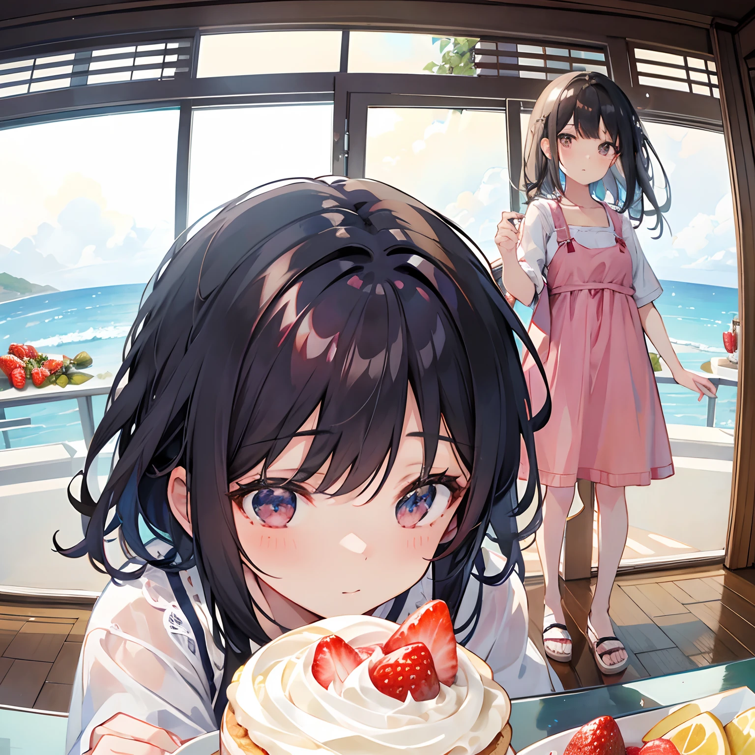 With a girl looking at strawberry sponge cake on the table、Another girl watching from the side　Half body shot　summer clothing　dramatic lights　pixiv style　wide angles　high-angle shot　Shallow depth of field　cel anime