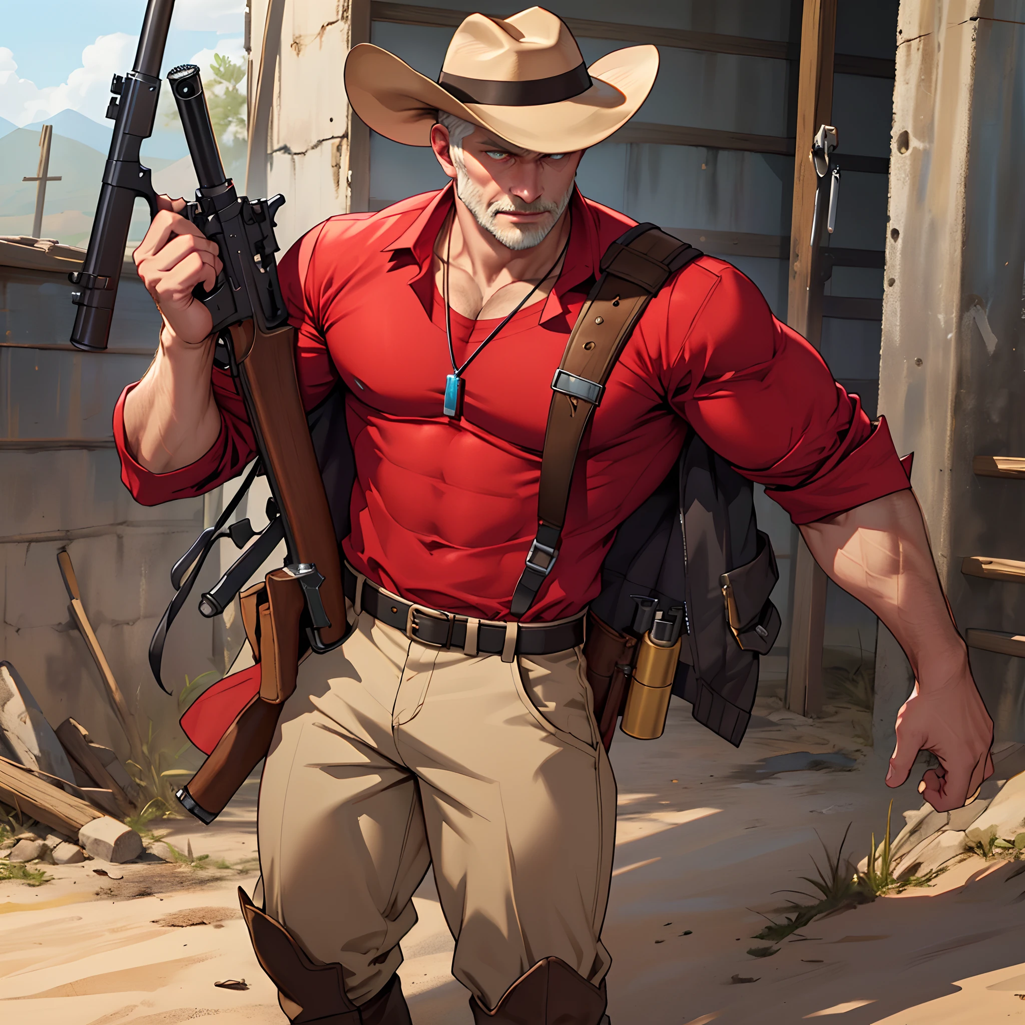realisitic、(masterpiece、top-quality、top-quality、Official art)、((50-year-old astringent man))、ighly detailed、Astringent Man、colourfull、In Texas、Desert everywhere、((Smoothbore infantry gun))、独奏、Aged cowboy costume、((musket))、((Two pistols))、best detailed、Deities、shorth hair、a blond、Handsome Old Man、((Red Shirt))、golden blonde、((cowboys))、Cowboy Hat、cowboy boots、a necklace、pectoral muscles、abdominals、Free-spirited personality、Solo、(One-shot shooting arm)、、