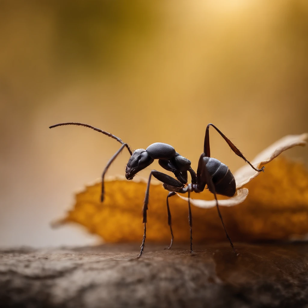 an huge ant on a piece of golden leaf floating in the air