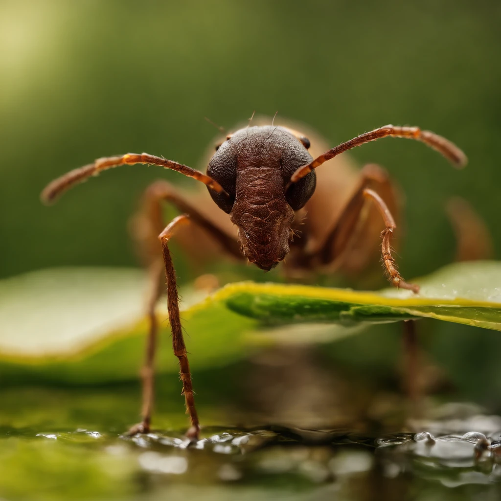 an huge ant on a piece of golden leaf floating in the air
